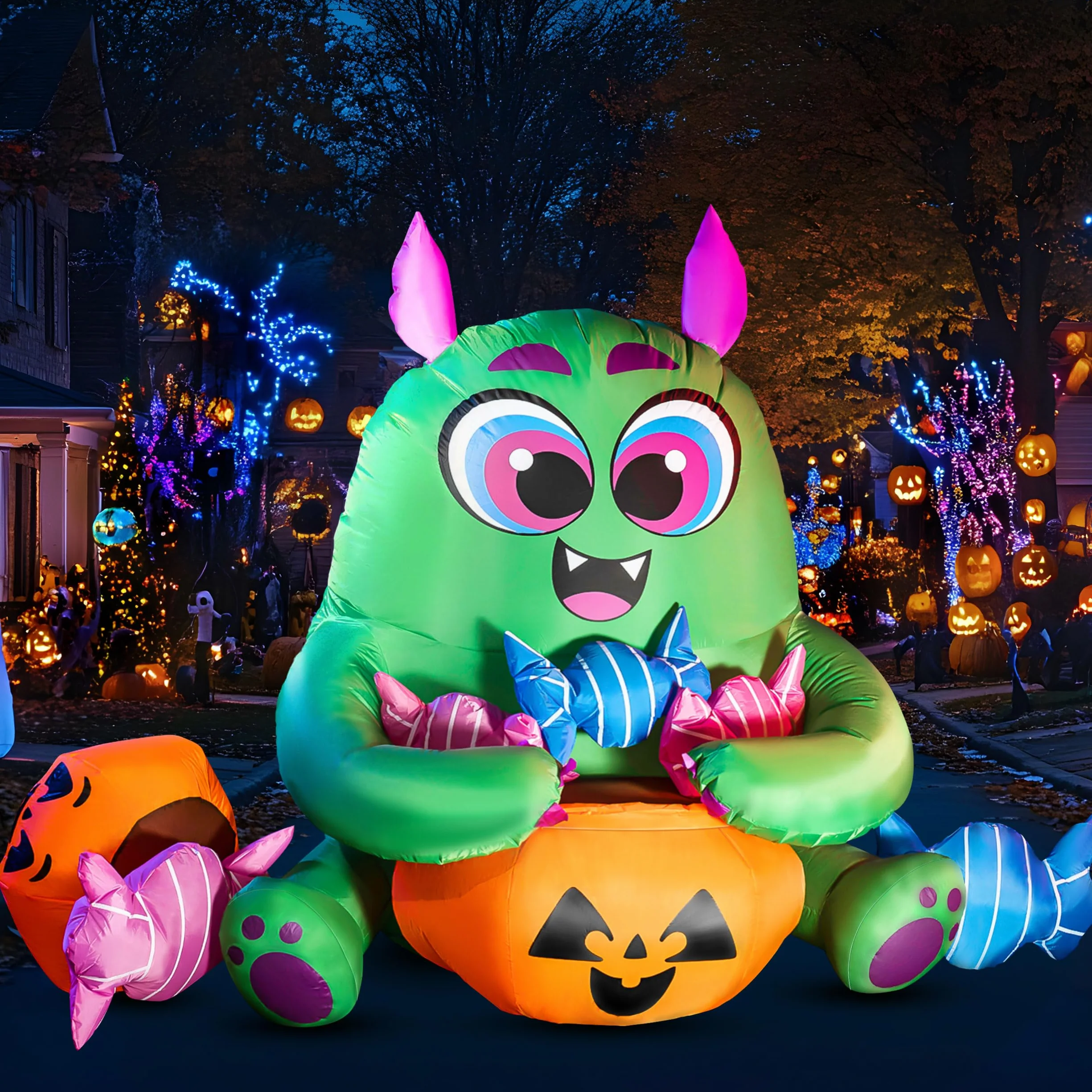 Joiedomi 5 FT Long Halloween Inflatable Monster Candy with Pumpkin Inflatable Yard Decoration with Build-in LEDs Blow Up Inflatables for Halloween Party Indoor, Outdoor, Yard, Garden, Lawn Decorations