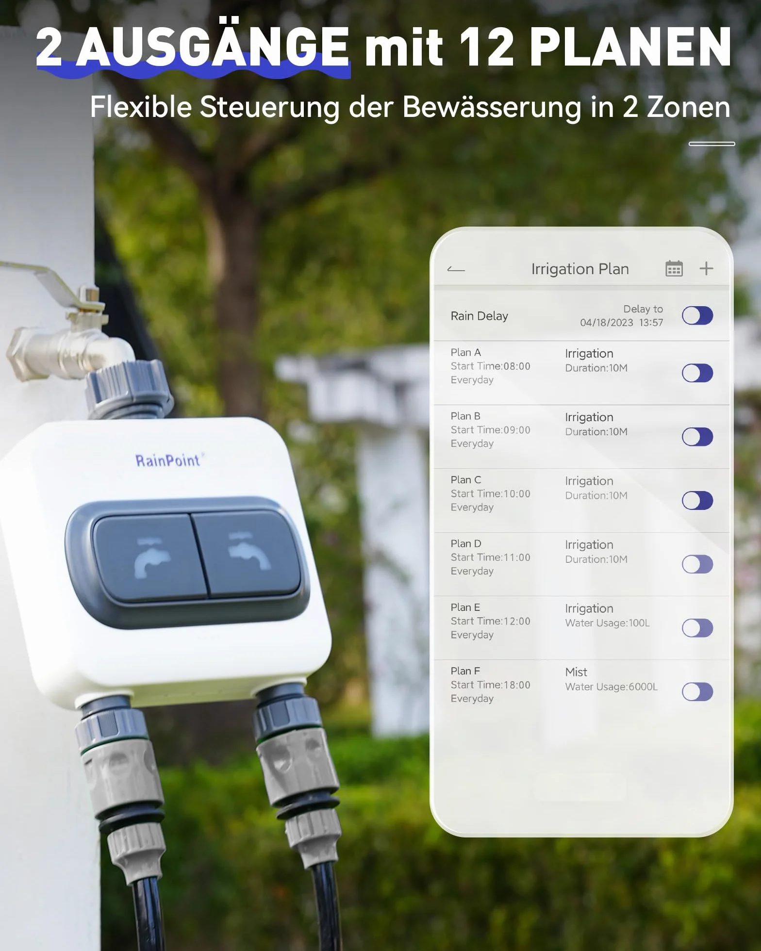 RAINPOINT Komputer nawadniający WLAN, 2 wyjścia 2,4 GHz z koncentratorem Wi-Fi, inteligentny zegar nawadniający z aplikacją/sterowaniem głosem, do automatycznego nawadniania ogrodów i trawników