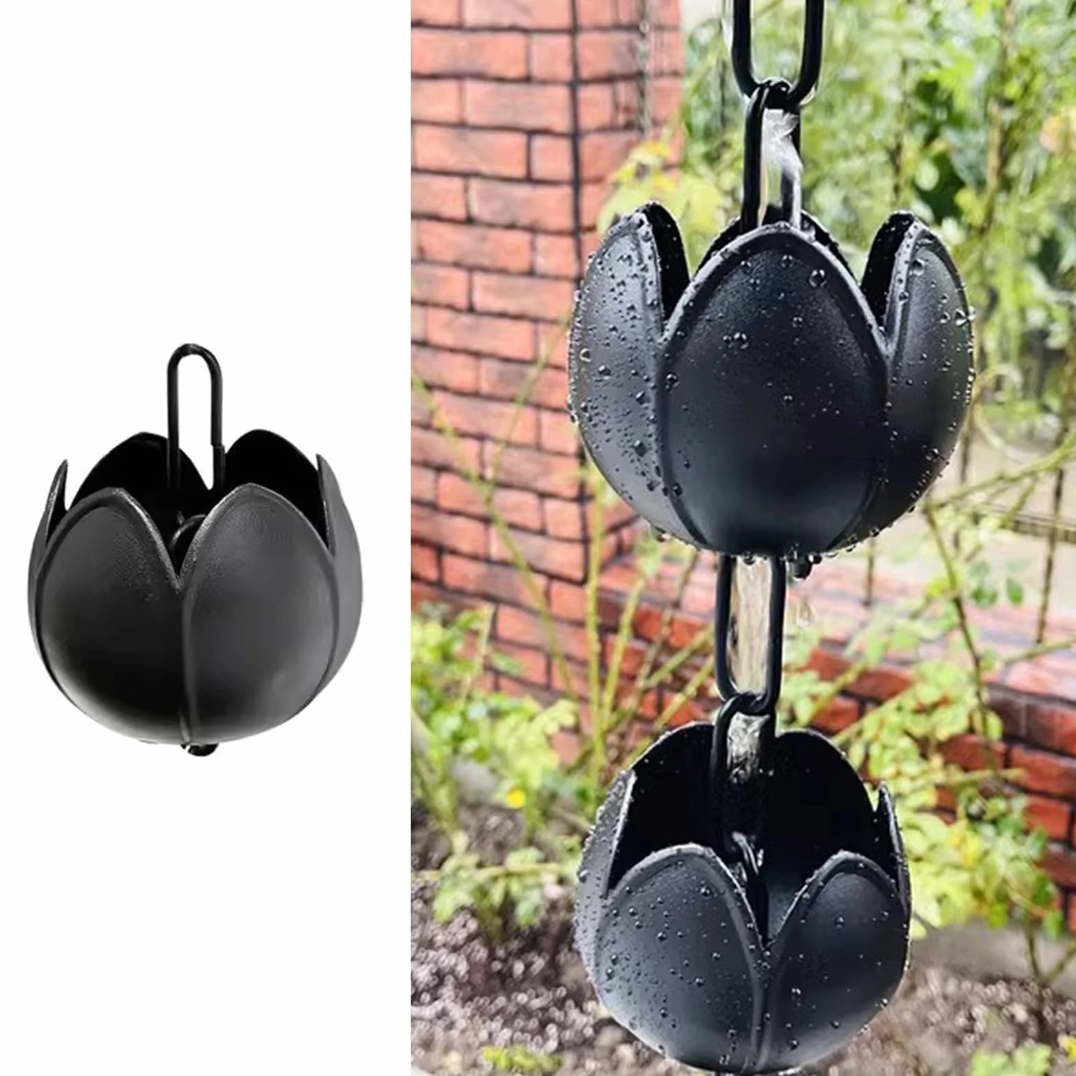 Łańcuchy deszczowe do rynien, łapacze deszczu, zewnętrzne łańcuchy deszczowe, łańcuch łapacza deszczu Lotus, aluminiowy rozdzielacz wody deszczowej zastępuje rynny spustowe, czarne ozdobne łańcuchy pr