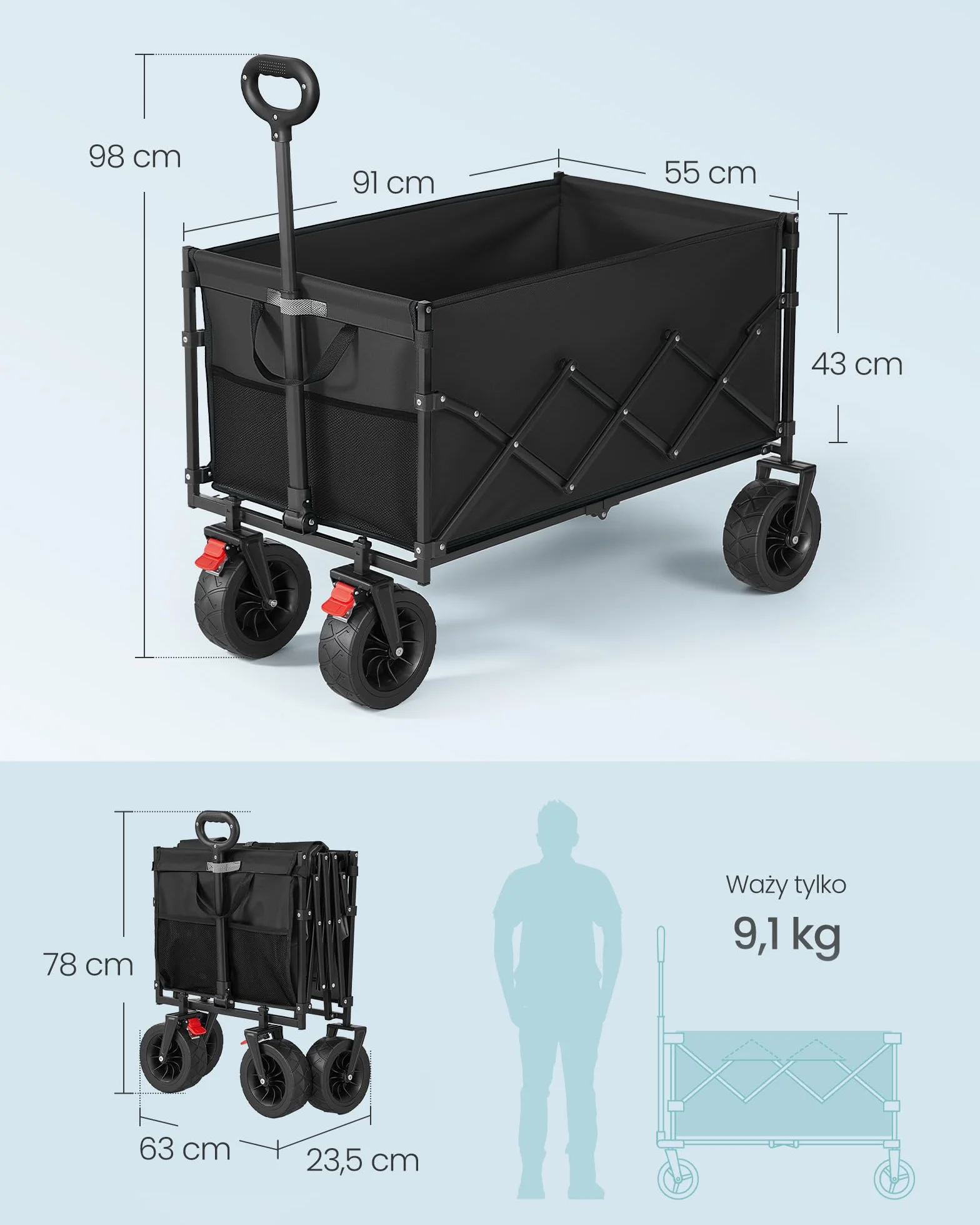 SONGMICS składany wózek, wózek ręczny z uchwytem, wózek ogrodowy, do kempingu, 4 wzmocnione koła, w tym 2 uniwersalne, do ogrodu, ładowność 180 kg, 200 l, atramentowy czarny GFW201B101
