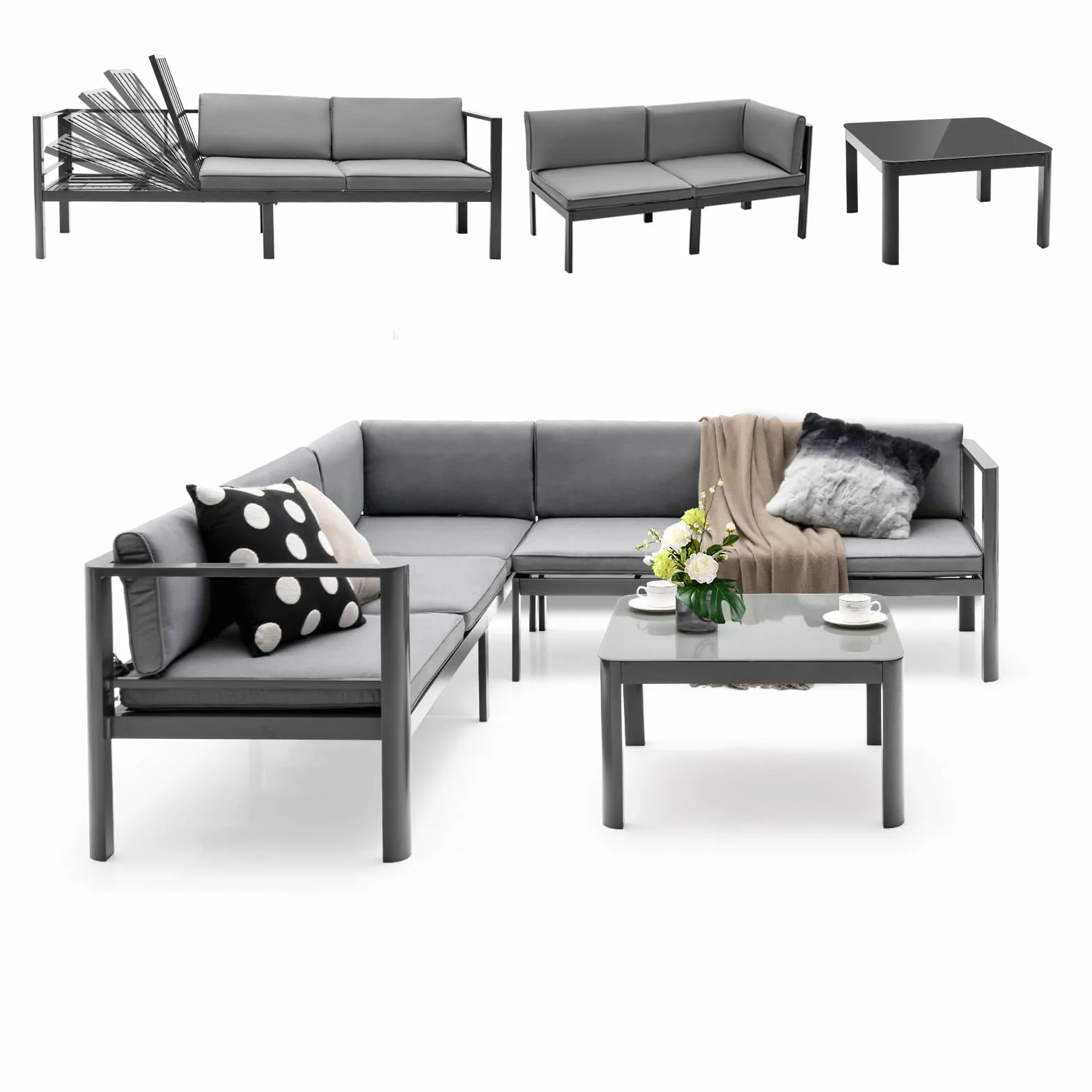 KOMFOTTEU Zestaw mebli ogrodowych dla 5-6 osób, sofa narożna L i stolik kawowy, aluminium