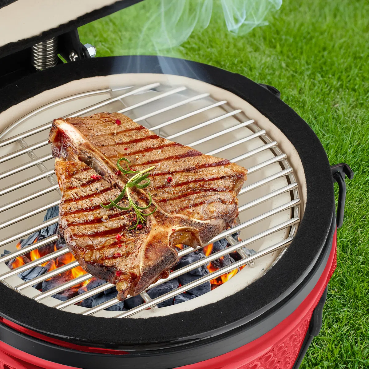 Relaxdays Kamado Grill, Ø 26 cm, japoński grill ceramiczny z termometrem 450°C, grill, wędzarnia, pokrywa, czerwony