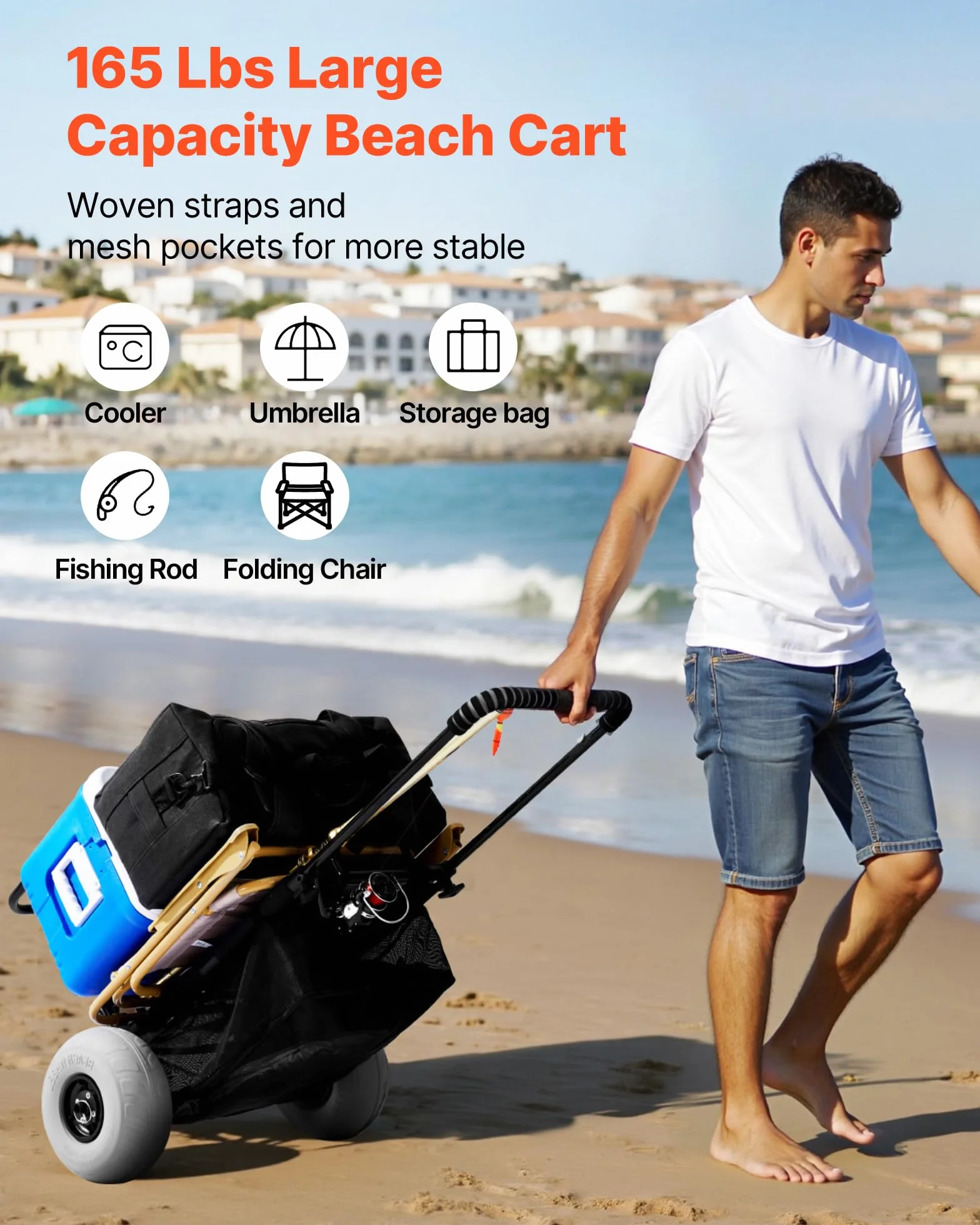 VEVOR Wózek plażowy z dużymi kółkami na piasek, 51 cm x 37 cm, z kółkami balonowymi 23 cm, nośność 75 kg, składany wózek na piasek 69 cm do 114 cm, wytrzymały wózek na plażę