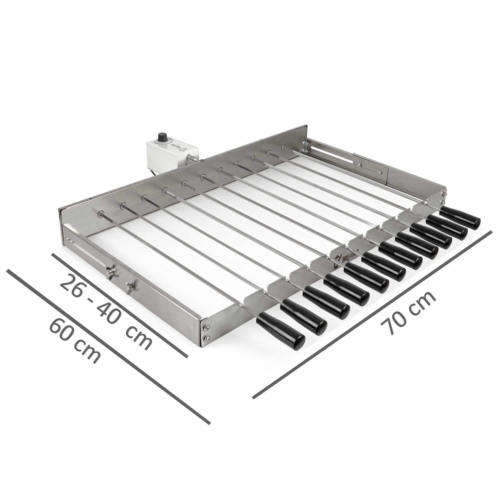 BBQ-Toro zestaw do szaszłyków stal nierdzewna 11 szpikulców silnik regulowany 70x26-40 cm