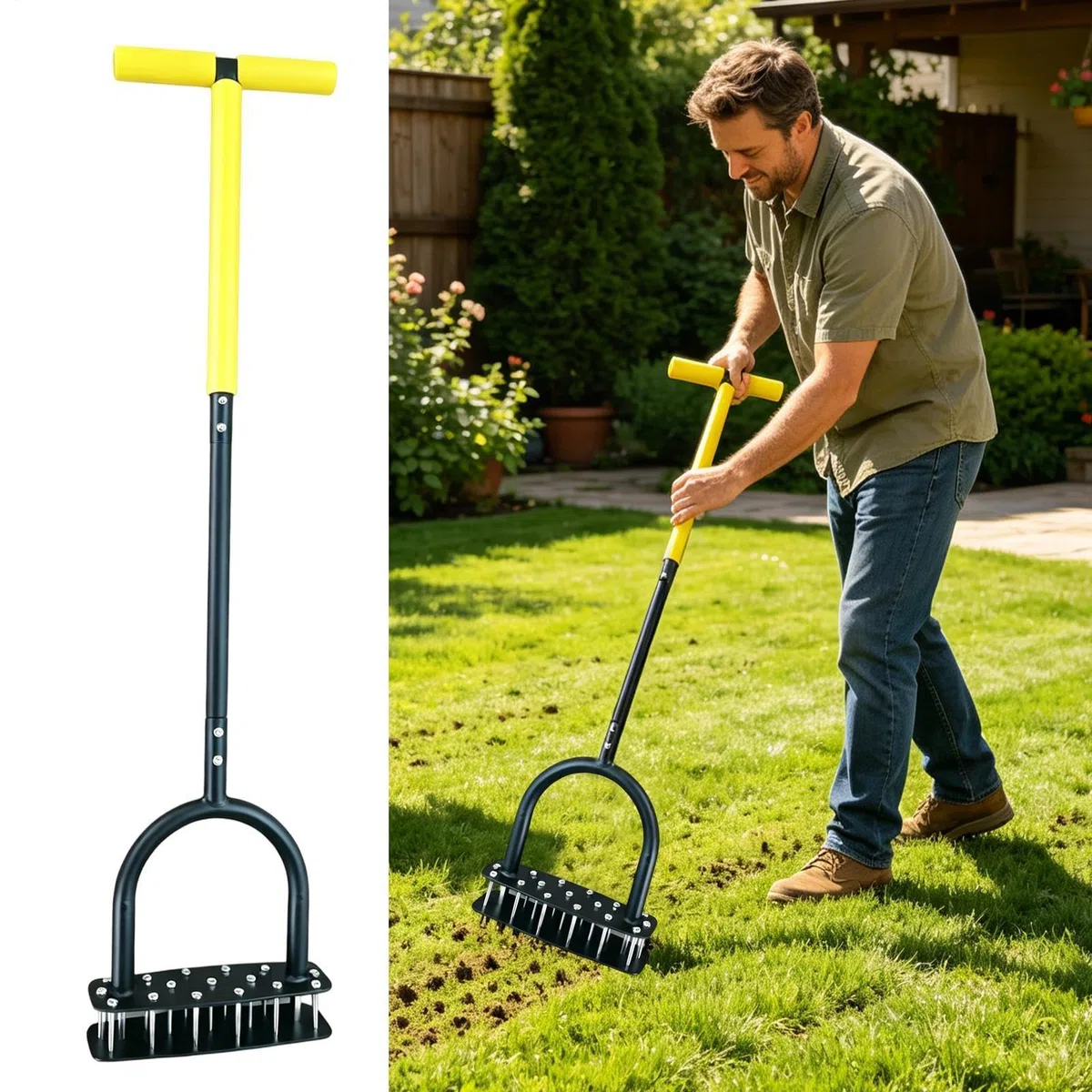 Aerator trawnika 15 Kolców Ze Stali Nierdzewnej, Wytrzymały I Ręczny | Aerator gruntowy Do Ogrodu, Patio, Rabat Kwiatowych, Podwórka, Spulchniania Gleby Oraz Pielęgnacji Parku