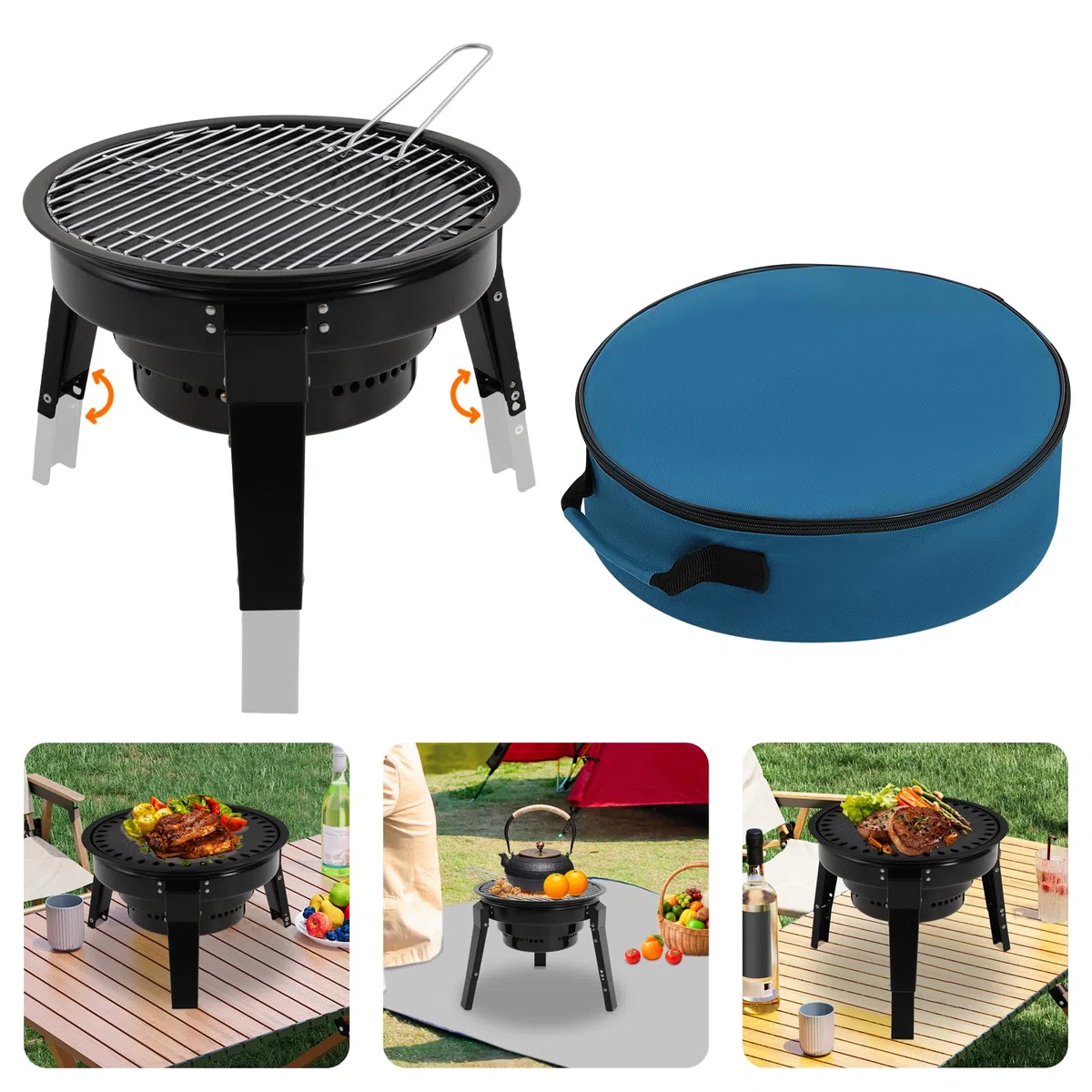 Przenośny grill na węgiel drzewny z 3 nogami, składany grill z regulacją wysokości, grill kempingowy dla 3-6 osób, z akcesoriami do grillowania i torbą do przenoszenia, do ogrodu, na piknik, imprezy