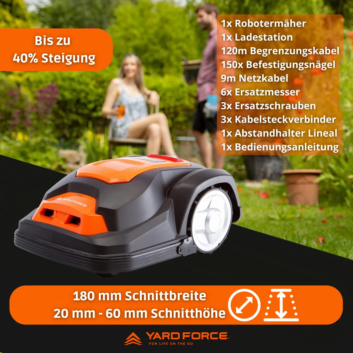 YARD FORCE Kosiarka SA650B do 650 m² – samobieżna kosiarka z funkcją Bluetooth i aplikacją, silnik bezszczotkowy, 40% nachylenia i 28 V/2,0 Ah akumulator litowo-jonowy, Czarna/pomarańczowa