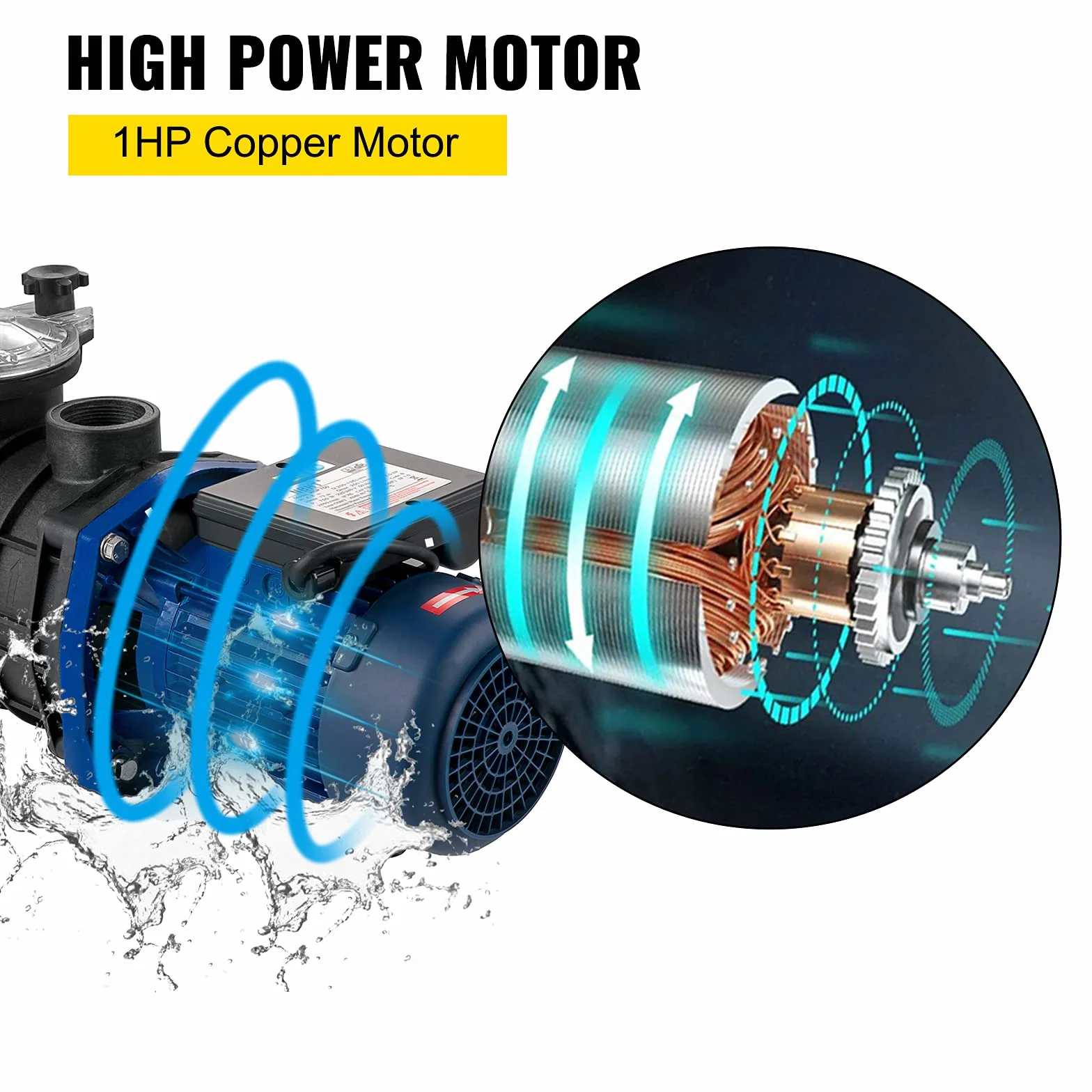 VEVOR Filtrująca Pompa Basenowa 15000 l/h 1 HP 750 W Maks. Wysokość Podnoszenia 14,5 m
