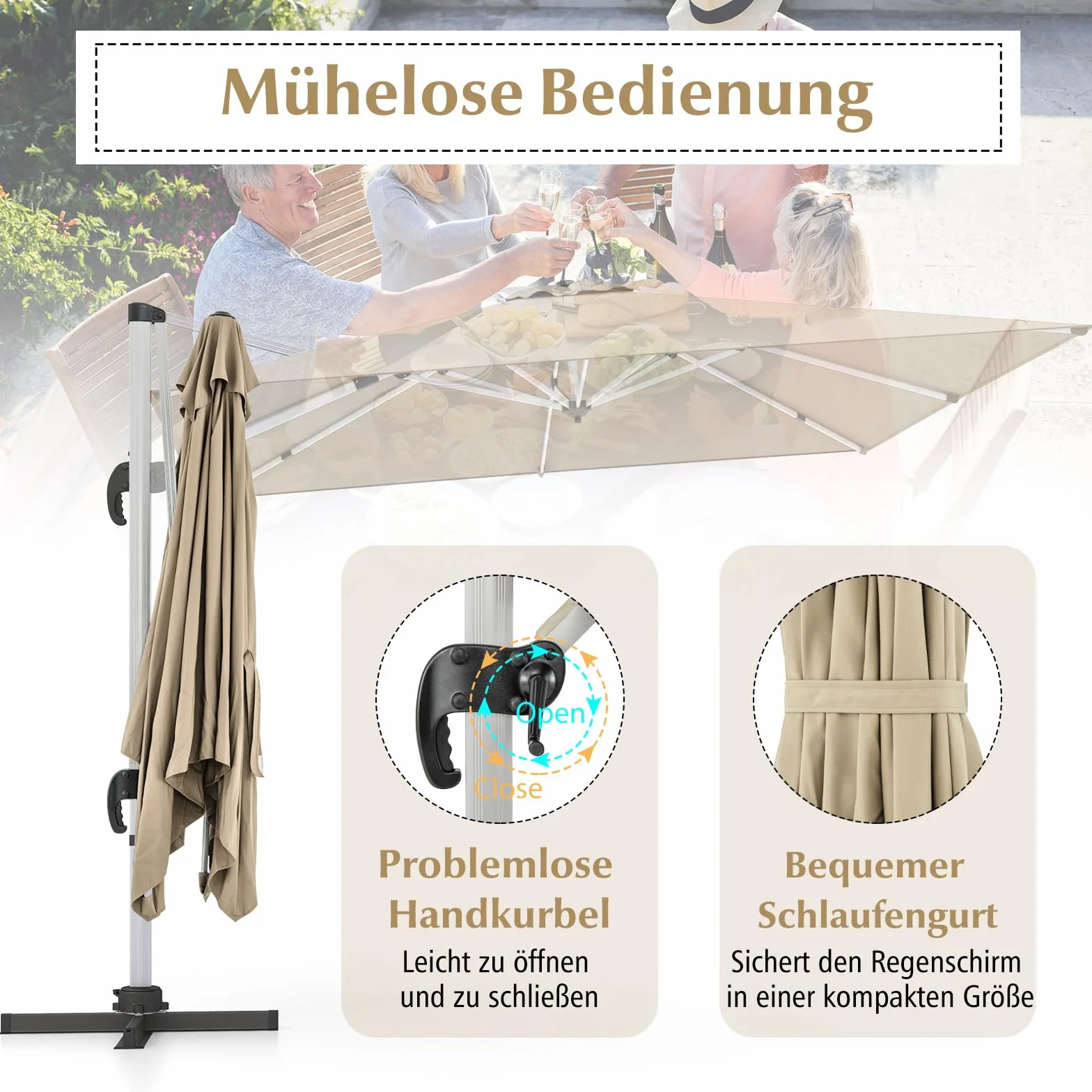 COSTWAY Parasol przeciwsłoneczny prostokątny 300 x 300 cm z korbą odchylany 360° beżowy