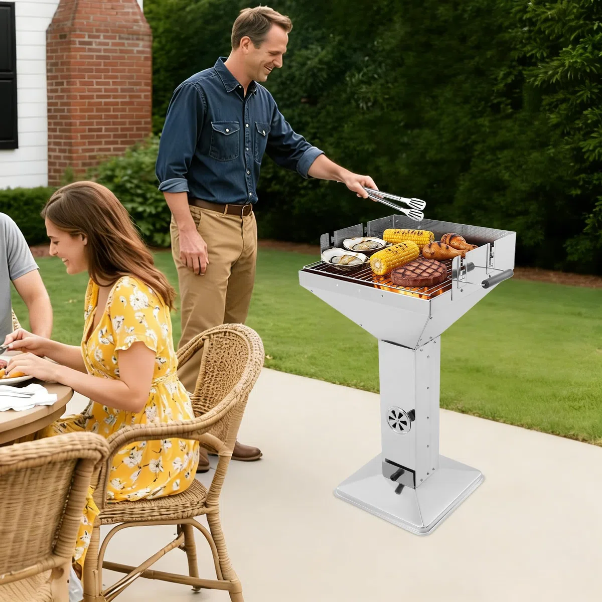 Grill na węgiel drzewny, stal nierdzewna, grill kolumnowy, węgiel drzewny, z regulacją wysokości, ze zdejmowanym rusztem, pojemnikiem na popiół i wentylacją, grill węglowy, do ogrodu, na taras