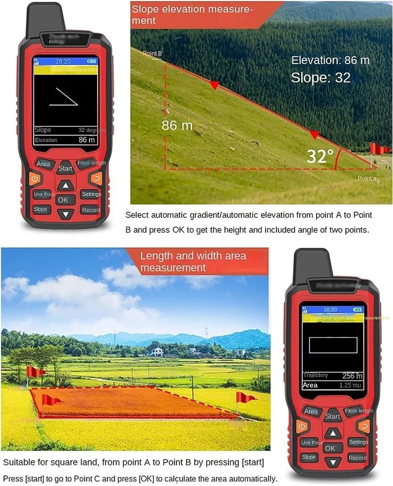 Miernik lądowy GPS, ręczne urządzenie do pomiaru powierzchni, sprzęt do pomiarów GPS z wyświetlaczem LCD 2,4", 3 tryby pomiaru, przenośny i wodoodporny, do rolnictwa, lasu, morza