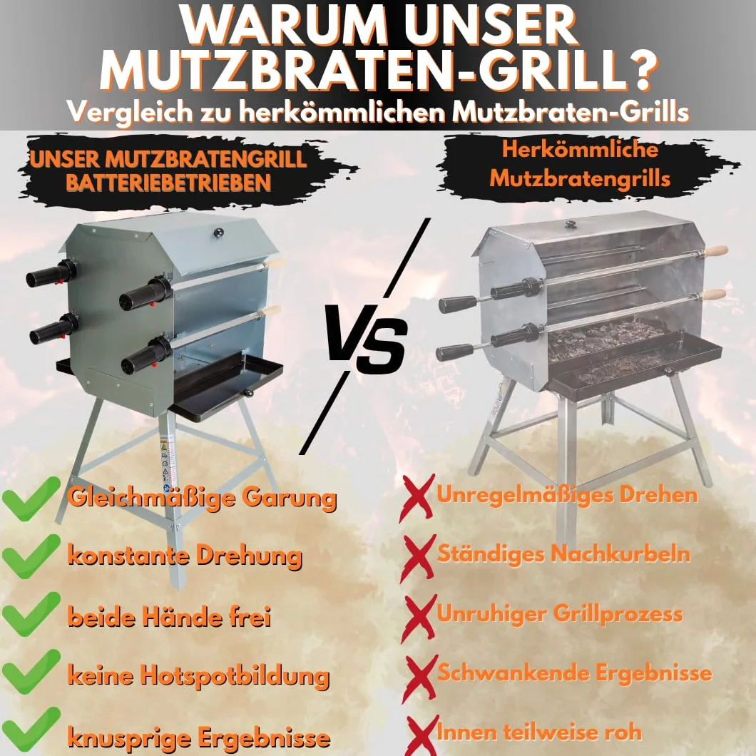 Grill do pieczenia, drewniany grill z 4 rożnami, w zestawie z silnikami zasilanymi bateryjnie, na 52 porcje, grill obrotowy, grill mango. Wymiary po zmontowaniu: (wys.) 86 cm x (gł.) 53 cm x (wys.) 52 cm