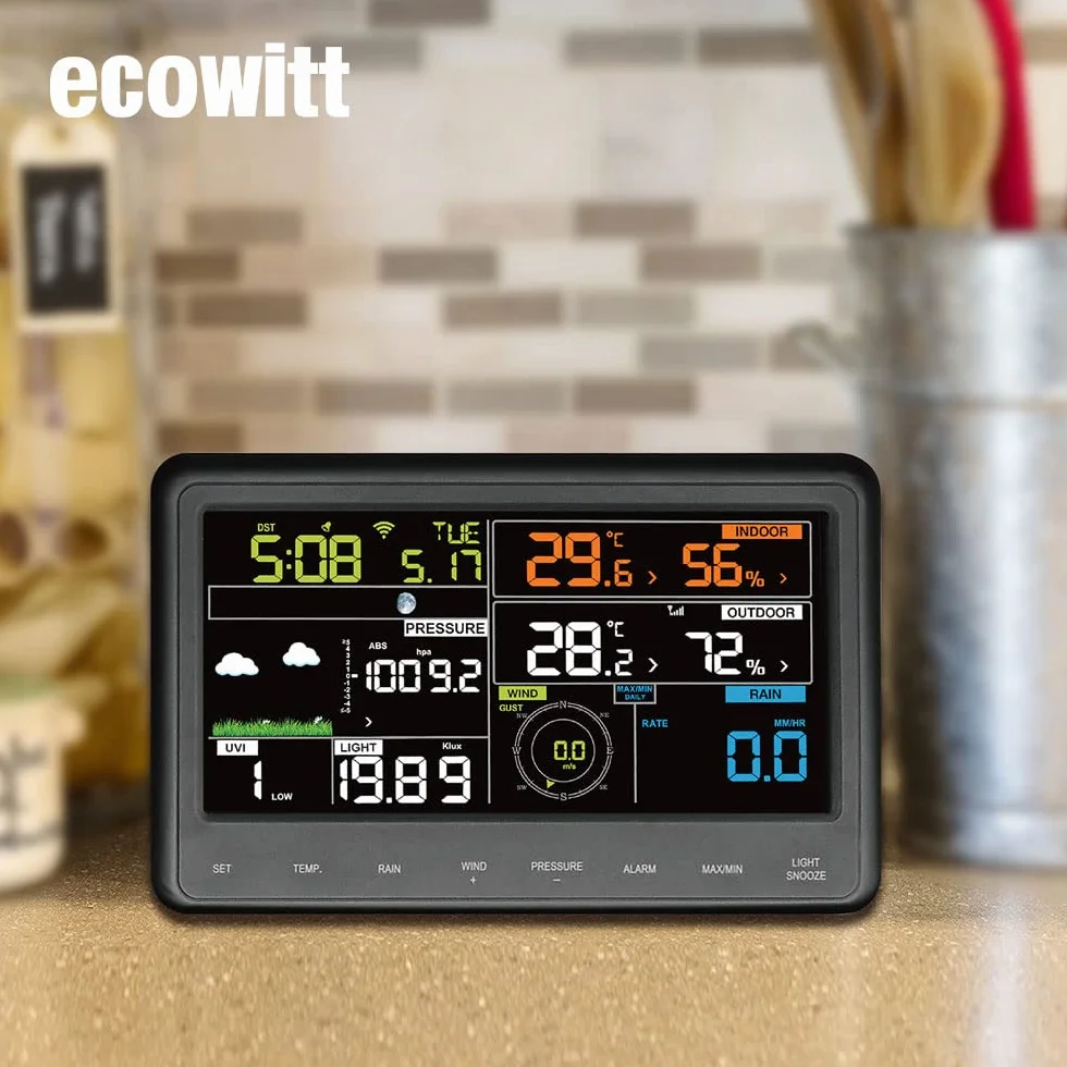 ECOWITT WS2910 Stacja pogodowa z czujnikiem zewnętrznym, bezprzewodowy czujnik pogody 7 w 1 WS69 + 7-calowa kolorowa konsola LCD 3 w 1, prognoza pogody dla gospodarstwa domowego, ogrodu