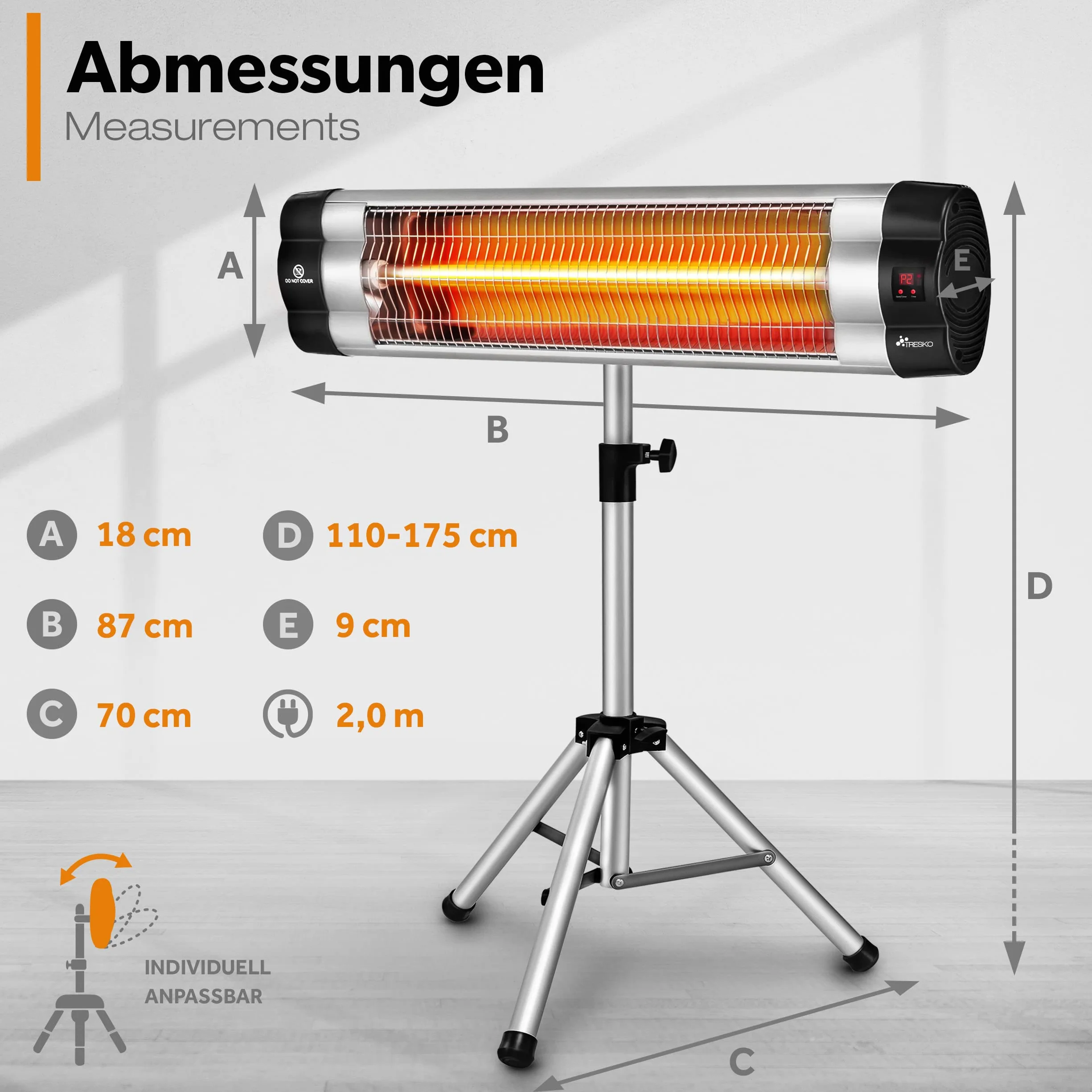 TRESKO Promiennik podczerwieni 2500 W z pilotem zdalnego sterowania | elektryczny promiennik ciepła z 3 stopniami ogrzewania | promiennik tarasowy do wewnątrz i na zewnątrz | promiennik podczerwieni z