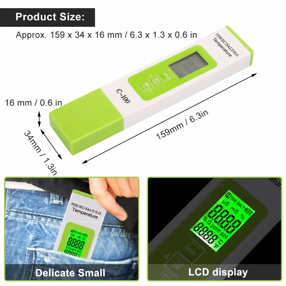 Tester Jakości Wody, C-100 5 w 1 Zasolenie TDS EC Tester Wody Morskiej, Wielofunkcyjny Cyfrowy Miernik TDS z Podświetleniem do Basenu, Akwariów i Słonej Wody