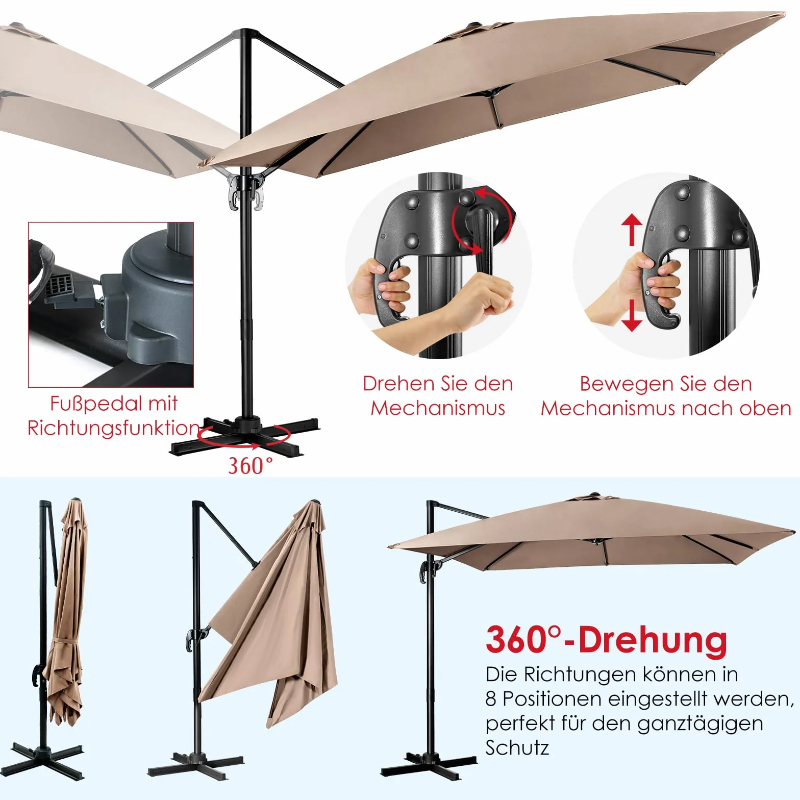 COSTWAY Parasol ogrodowy kwadratowy 300 x 300 cm z korbą obracany 360°