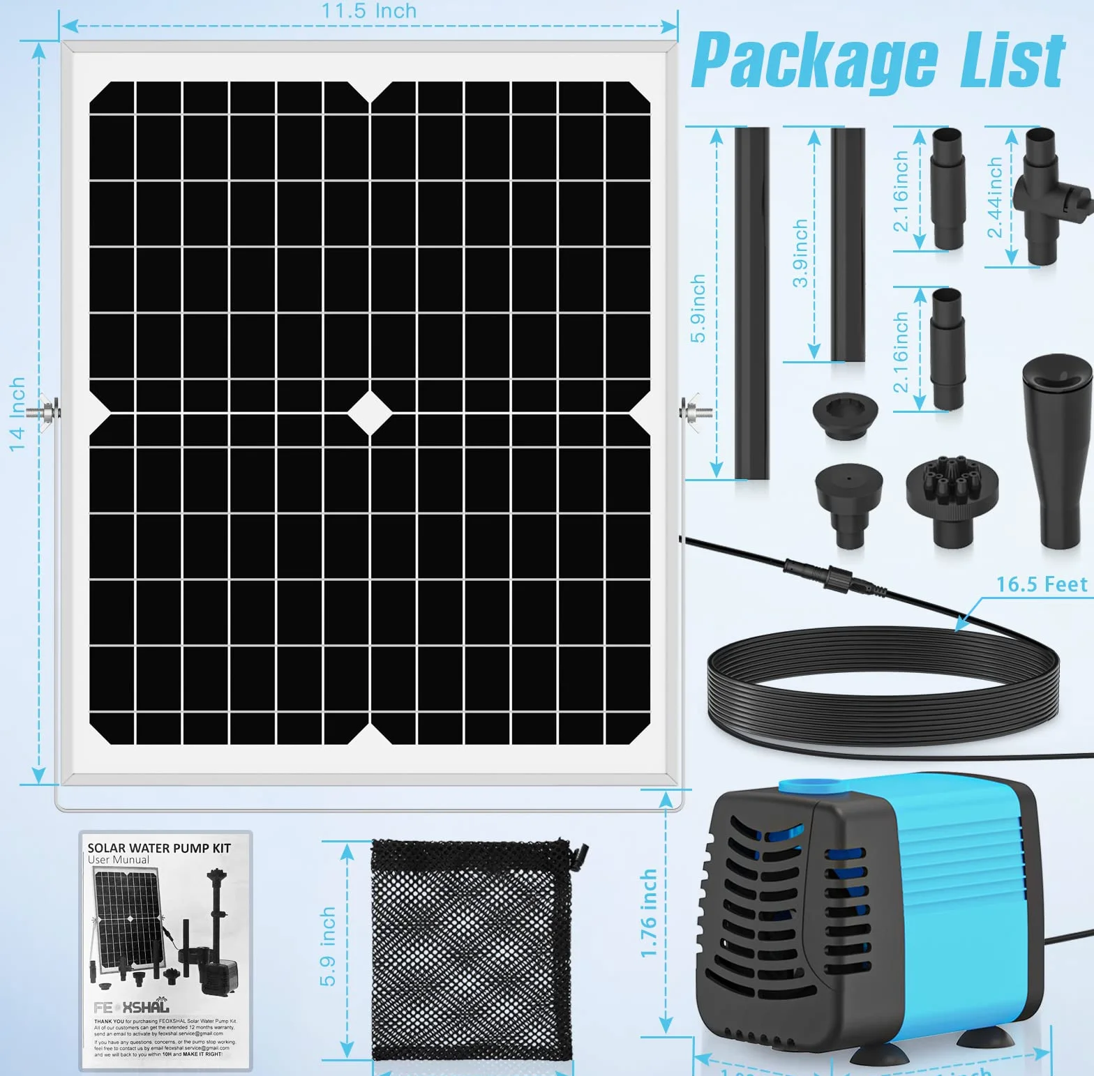 Pompa solarna 20 W do stawu i fontanny, przepływ 1325 l/h, kabel 5 m, 4 natryski