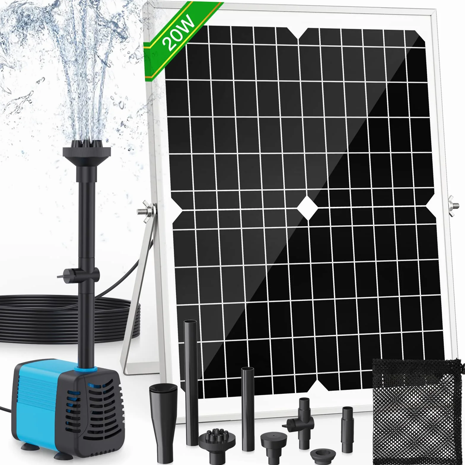 Pompa solarna 20 W do stawu i fontanny, przepływ 1325 l/h, kabel 5 m, 4 natryski