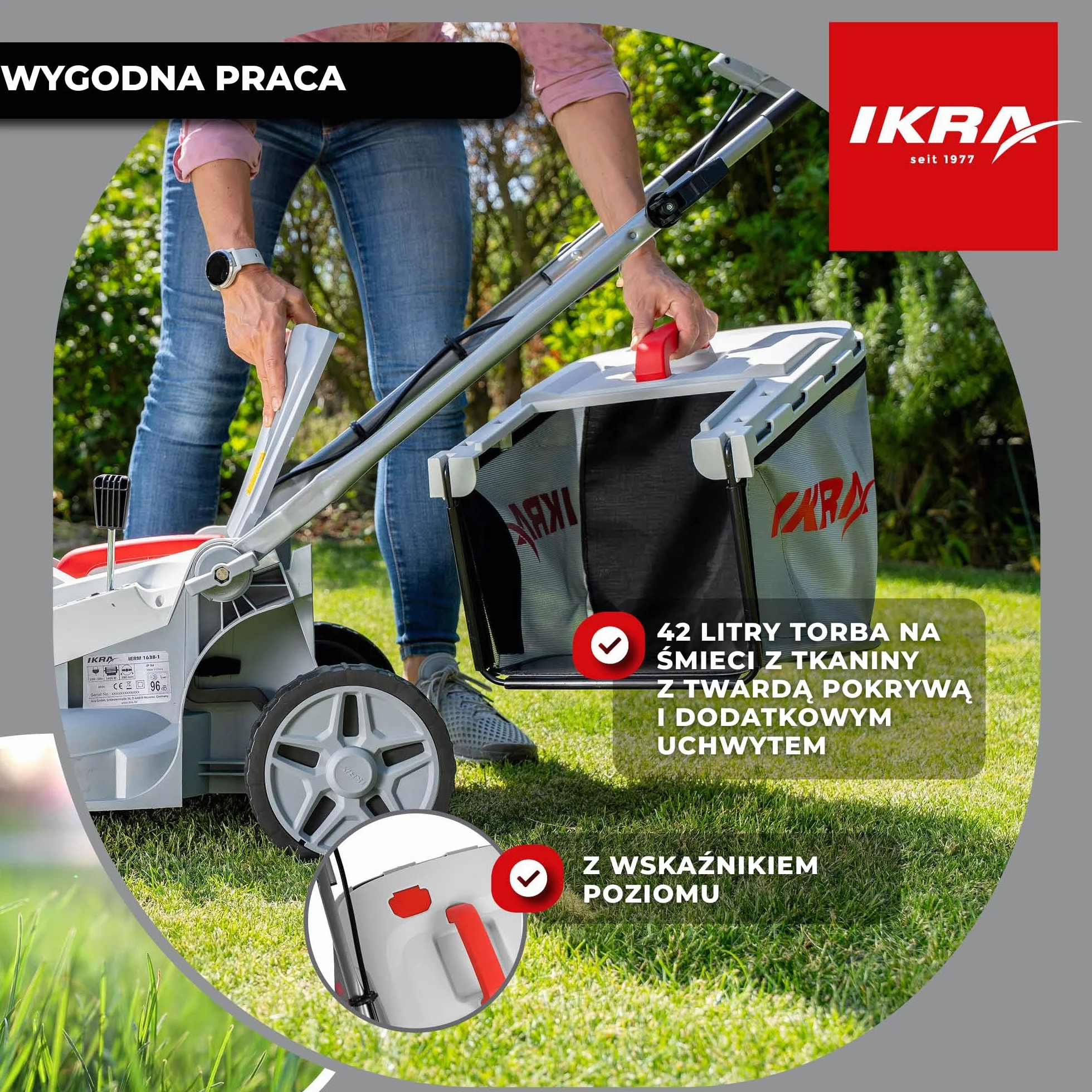 IKRA kosiarka elektryczna IERM 1638 1600W 38cm wysokość koszenia 30-75mm