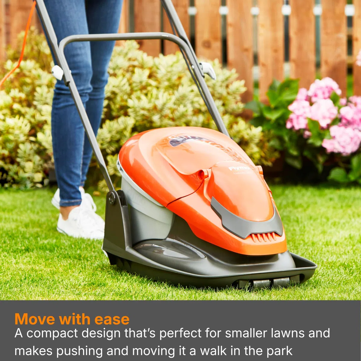 Flymo EasiGlide Hover Collect kosiarka 330 V, silnik 1700 W, szerokość cięcia 33 cm, skrzynka na trawę 20 l, składana na płasko, długość kabla 10 m, pomarańczowa i szara
