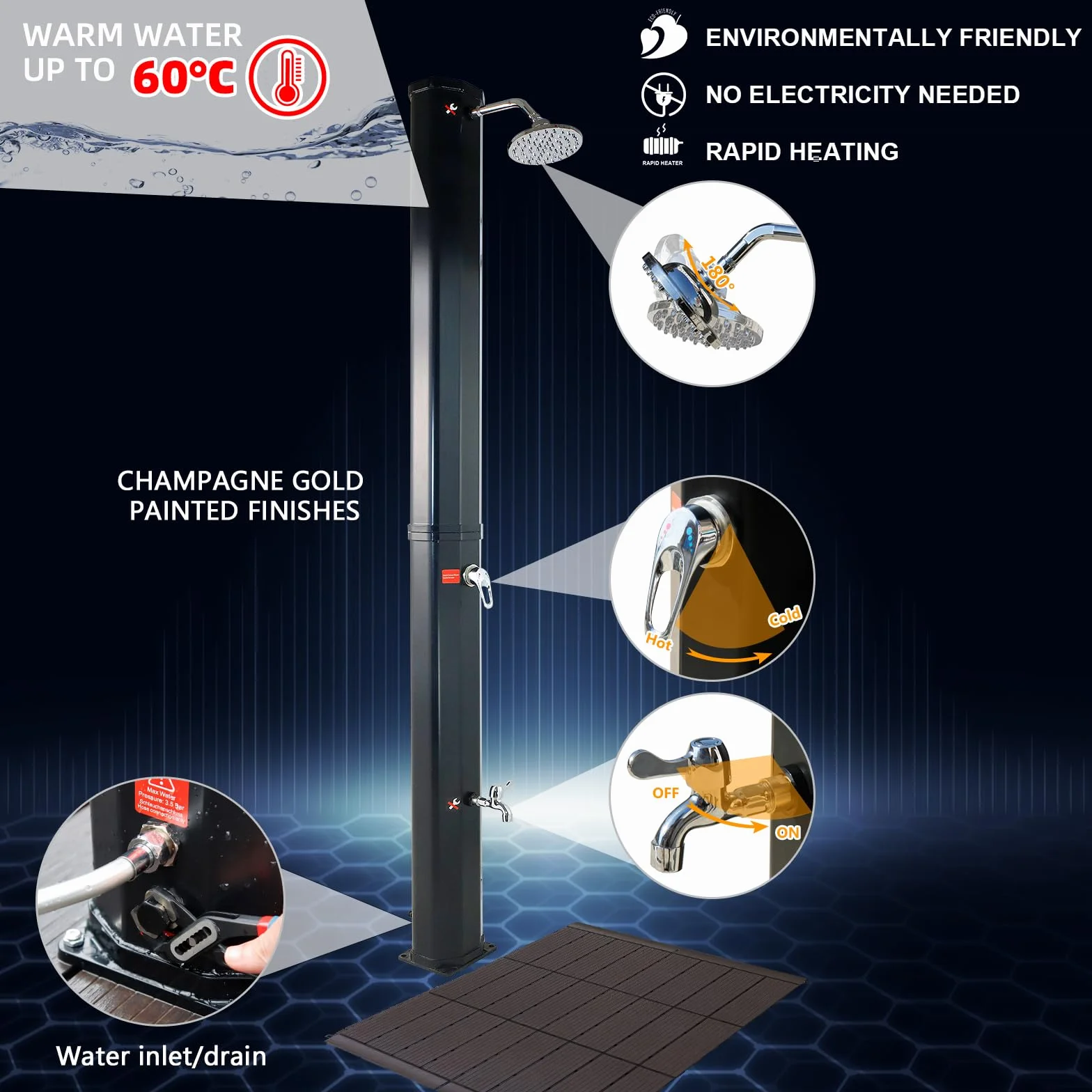 CCLIFE Prysznic solarny, 40 litrów, słoneczny prysznic ogrodowy z plastikową podłogą i osłoną ochronną, słuchawka prysznicowa, regulowana temperatura wody do 60°, do basenu plażowego