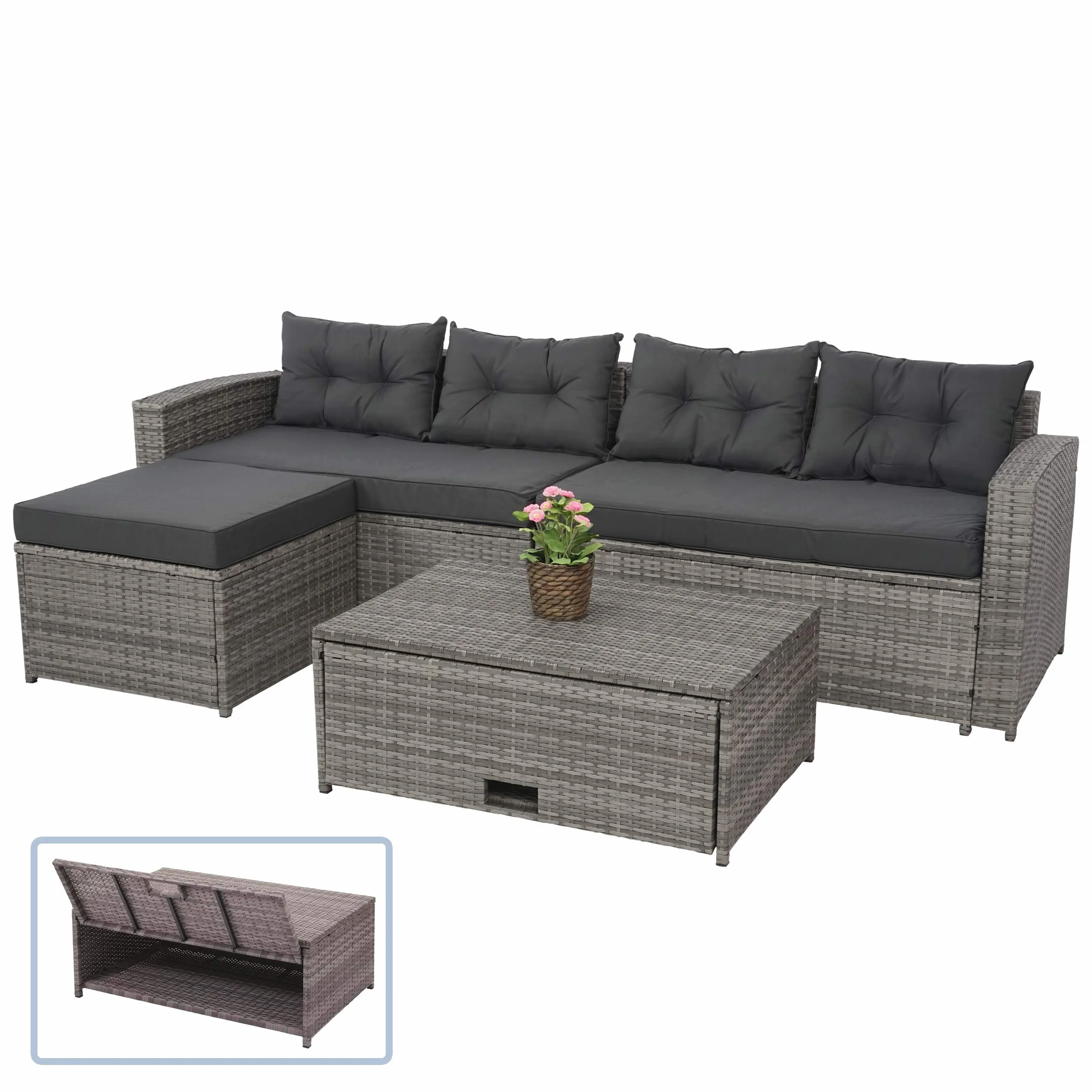 Mendler Zestaw polirattanowy HWC-J34, zestaw balkonowy/ogrodowy/wypoczynkowy, zestaw do siedzenia sofa, schowek - szary, poduszka ciemnoszary