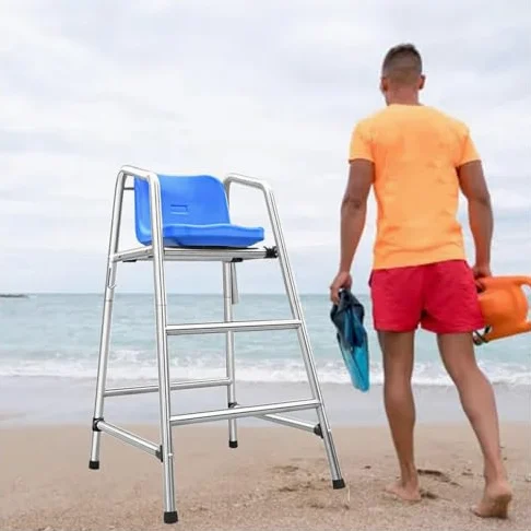 Krzesło obserwacyjne Lifeguard do basenów i plaż, stal nierdzewna z otworem mocującym parasol, wysokość 1,8 m, idealne do parków wodnych i sędziów
