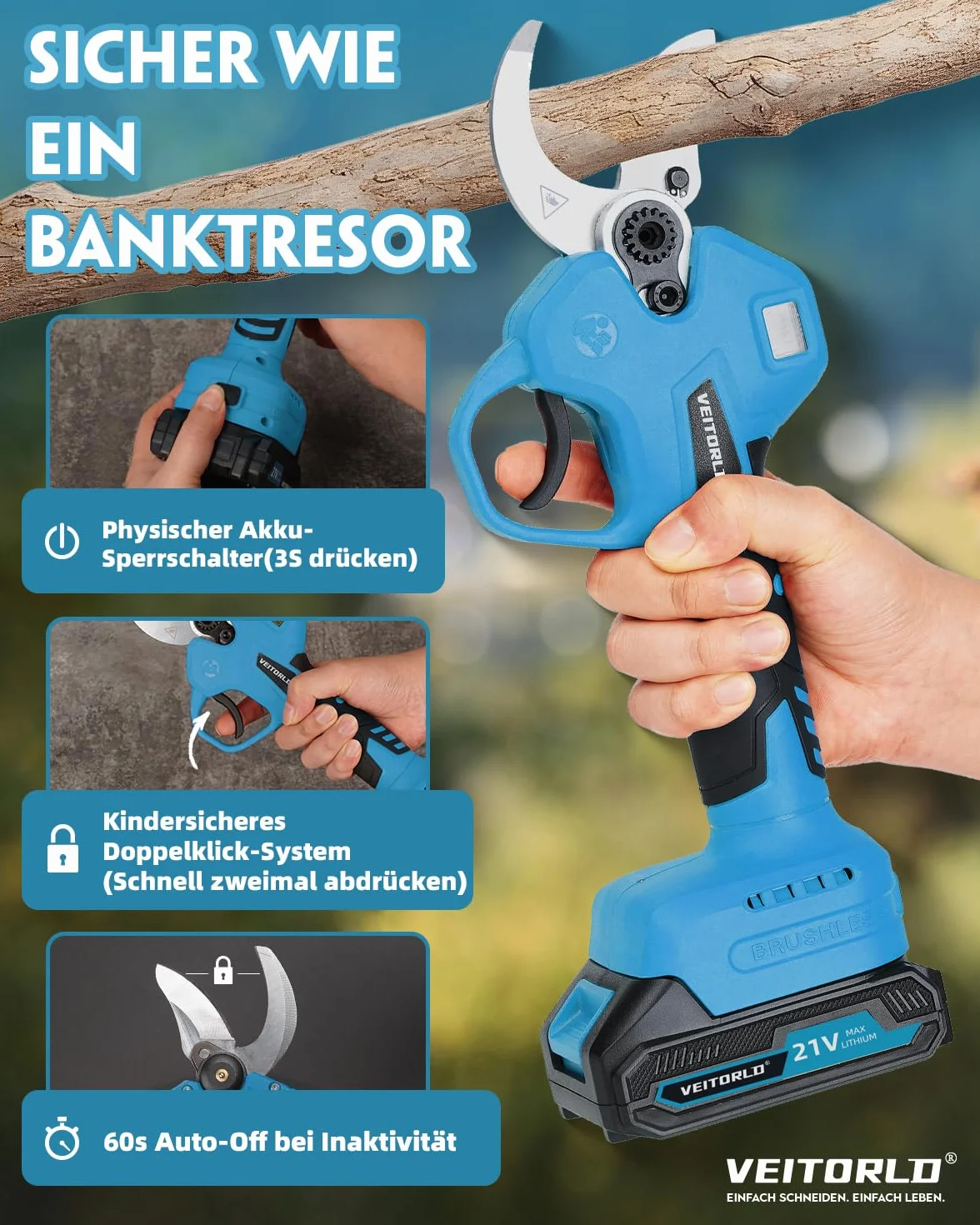 Veitorld Teleskopowe nożyce do gałęzi akumulator 40 mm sekator 130-245 cm 2 x 2000 mAh