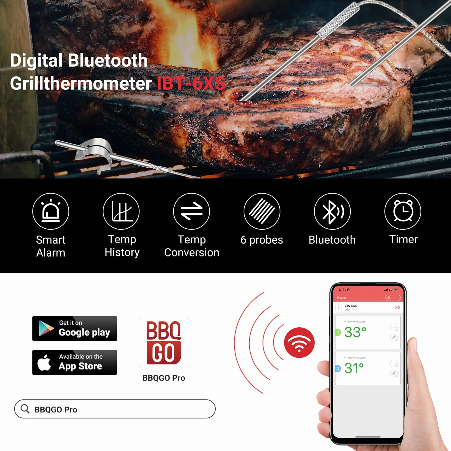 Inkbird IBT-6XS termometr do grilla 6 sond magnetyczny bateria litowa 1000 mAh wyświetlacz 180 stopni obracany