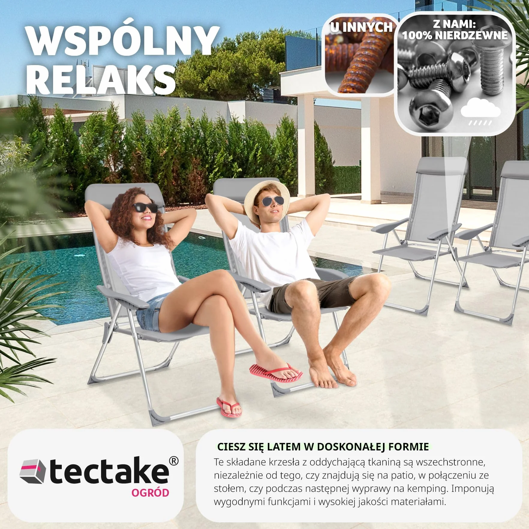 tectake® Zestaw 4 Foteli Ogrodowych, Składane z Aluminiowym Stealżem, Regulowane Oparcie, Wzmocnione Nogi, Łatwe w Czyszczeniu, Lekki - Idealny na Taras i Balkon