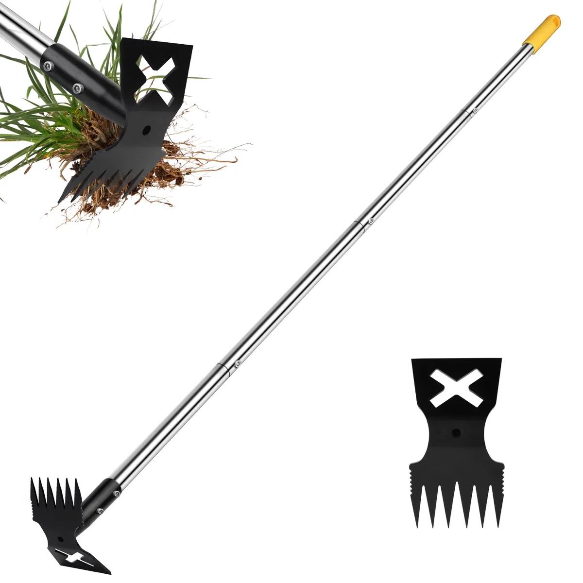 NICOFPHY Narzędzie do usuwania chwastów z długim uchwytem, ręczne narzędzia do odchwaszczania 152 cm, ogrodnictwo, 2 w 1, ręczna grabia chwastów i motyka, narzędzie do usuwania chwastów na podwórko
