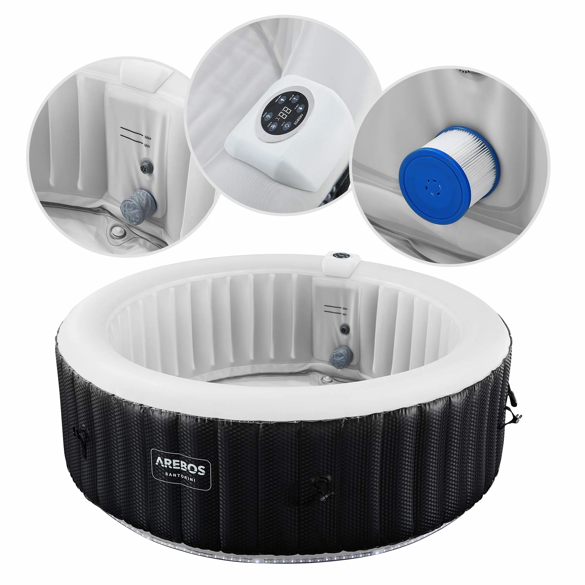 Arebos Nadmuchiwane Spa | Automatyczny nadmuchiwany | do wnętrz i na zewnątrz | 208 cm | 6 osób | Listwa świetlna LED | 130 dysz masujących | 1000 litrów | z pokrywką | Spa i dobre samopoczucie