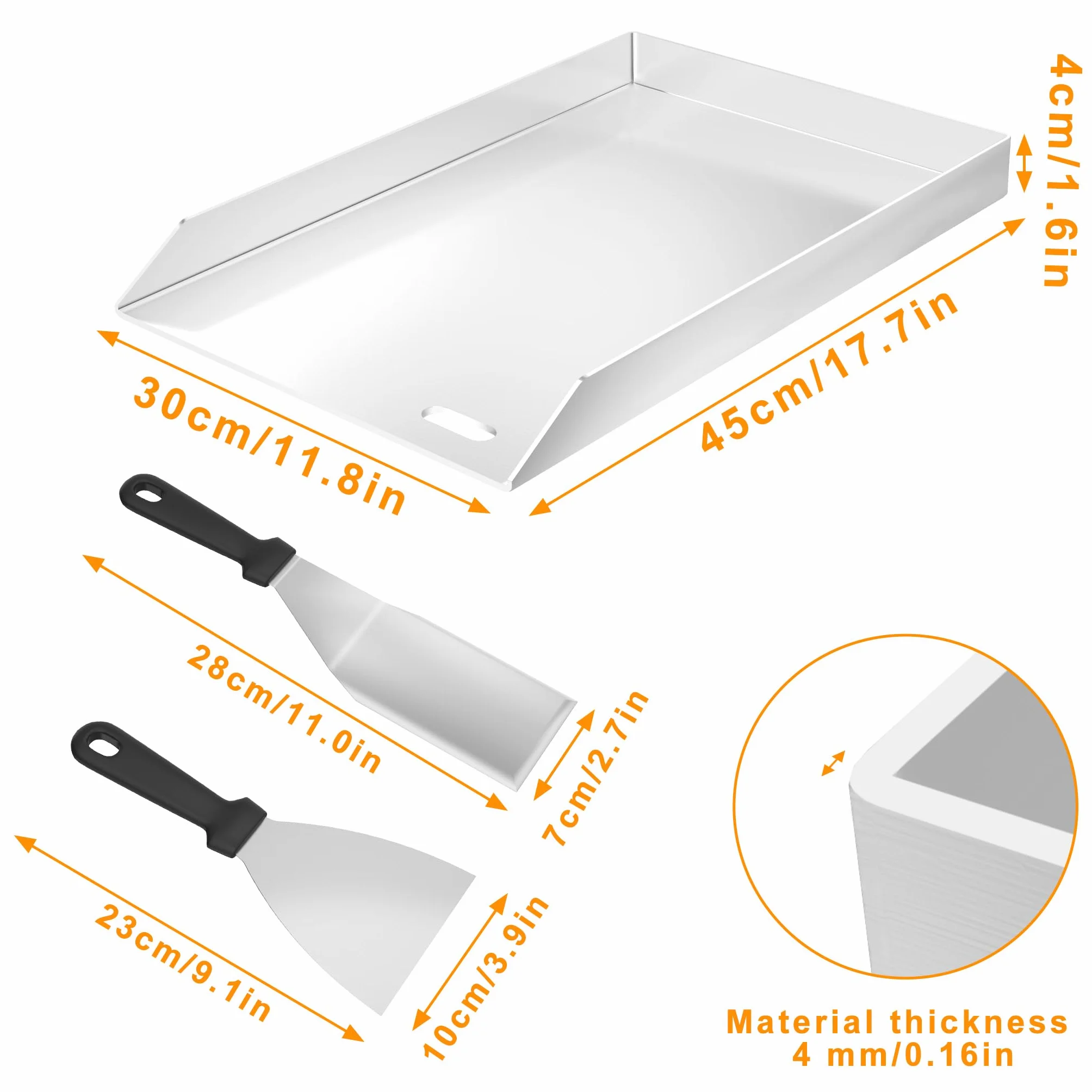 YRHome Plancha Płyta grillowa 30 x 45 x 4 cm – 2 mm, blacha do grillowania na gaz i węgiel drzewny, ze szpachelką do grilla i skrobakiem – odporna na wysokie temperatury – uniwersalna do BBQ, steków