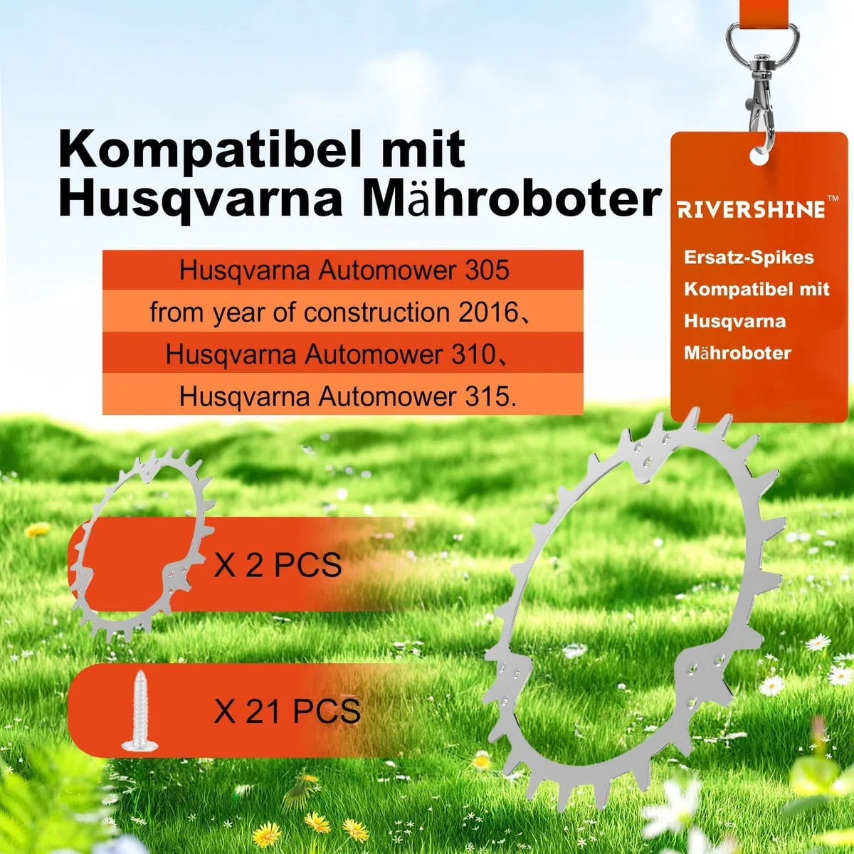 RIVERSHINE Kolce ze stali ocynkowanej, kompatybilne z kosiarkami Husqvarna Automower 305 (od roku produkcji 2016)/310/315, rozmiar koła 215 mm, do poprawy trakcji, z 21 śrubami