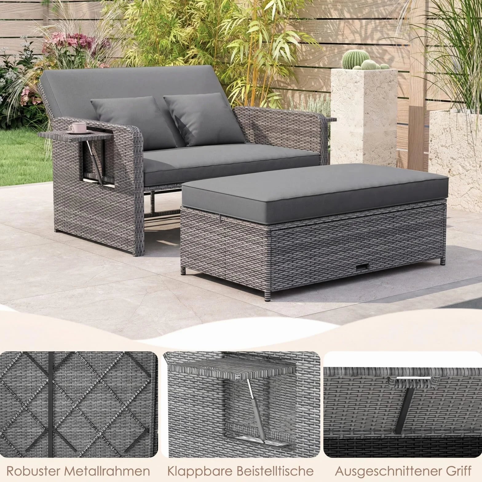COSTWAY Sofa rattanowa, meble do użytku na zewnątrz, sofa ogrodowa z funkcją leżenia, 2-osobowa sofa ogrodowa z poduszkami i półkami bocznymi, meble ogrodowe z polirattanu, mały balkon (mieszanka