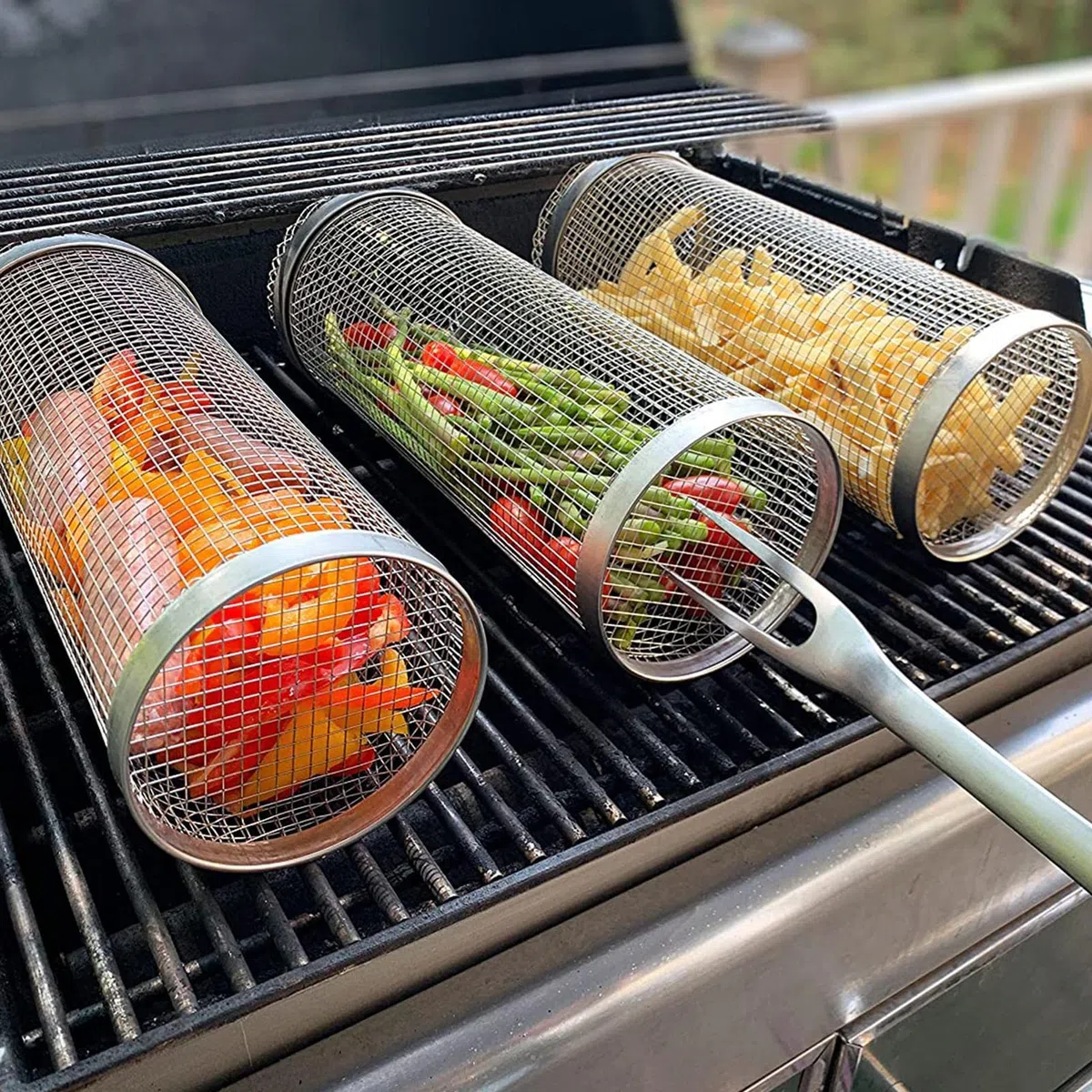 Przenośny kosz do grillowania ze stali nierdzewnej, cylindryczny stojak do grillowania na zewnątrz, kemping i grill, niezbędne akcesoria do grillowania dla entuzjastów grillowania