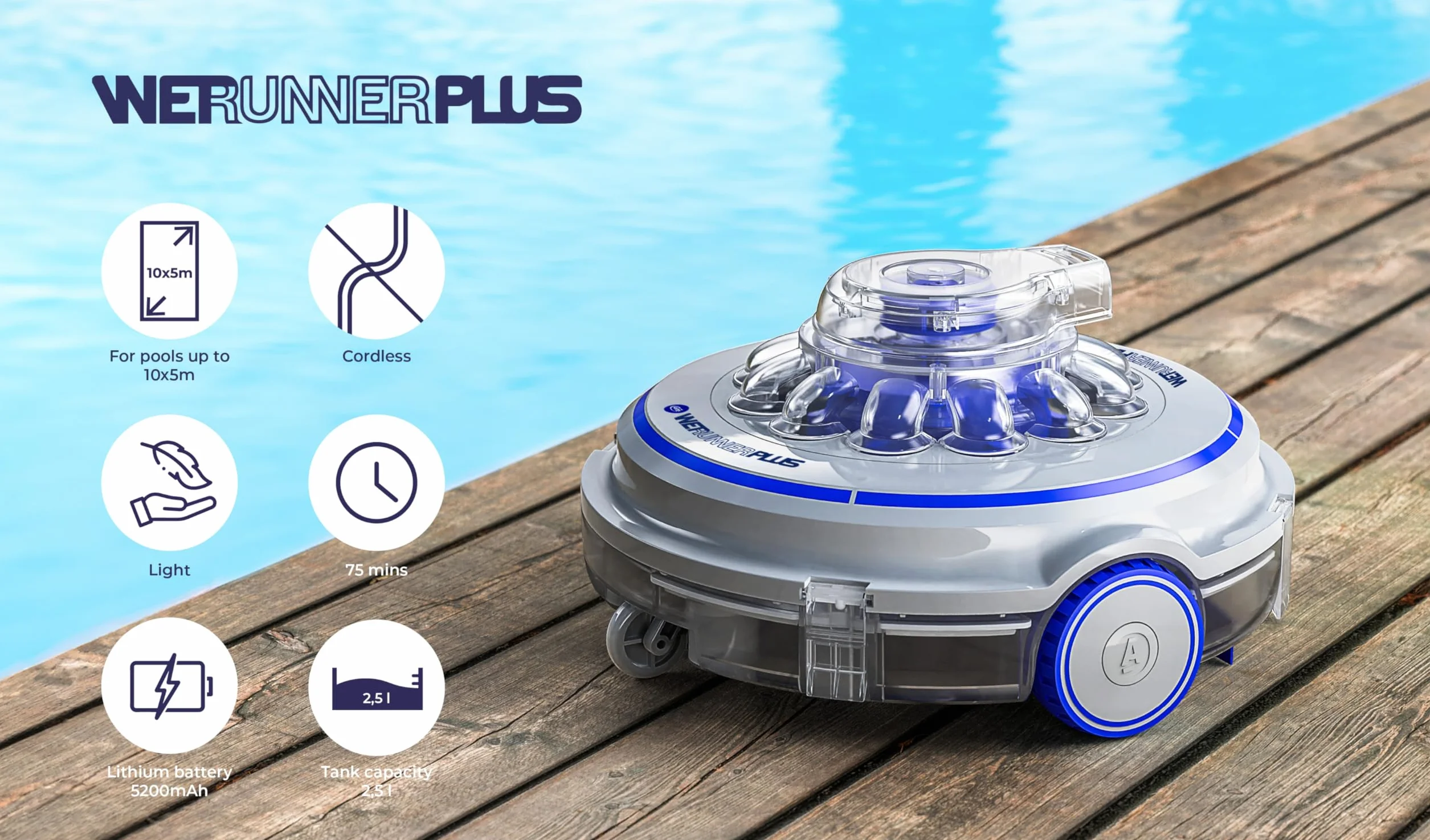 Gre RBR75 Wet Runner Plus Bezprzewodowy Elektryczny Robot do Czyszczenia Basenów, o Powierzchni do 50 m2