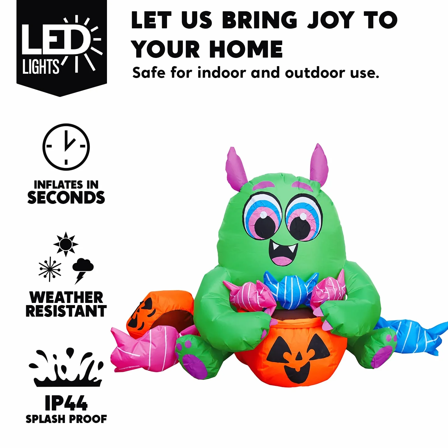 Joiedomi 5 FT Long Halloween Inflatable Monster Candy with Pumpkin Inflatable Yard Decoration with Build-in LEDs Blow Up Inflatables for Halloween Party Indoor, Outdoor, Yard, Garden, Lawn Decorations