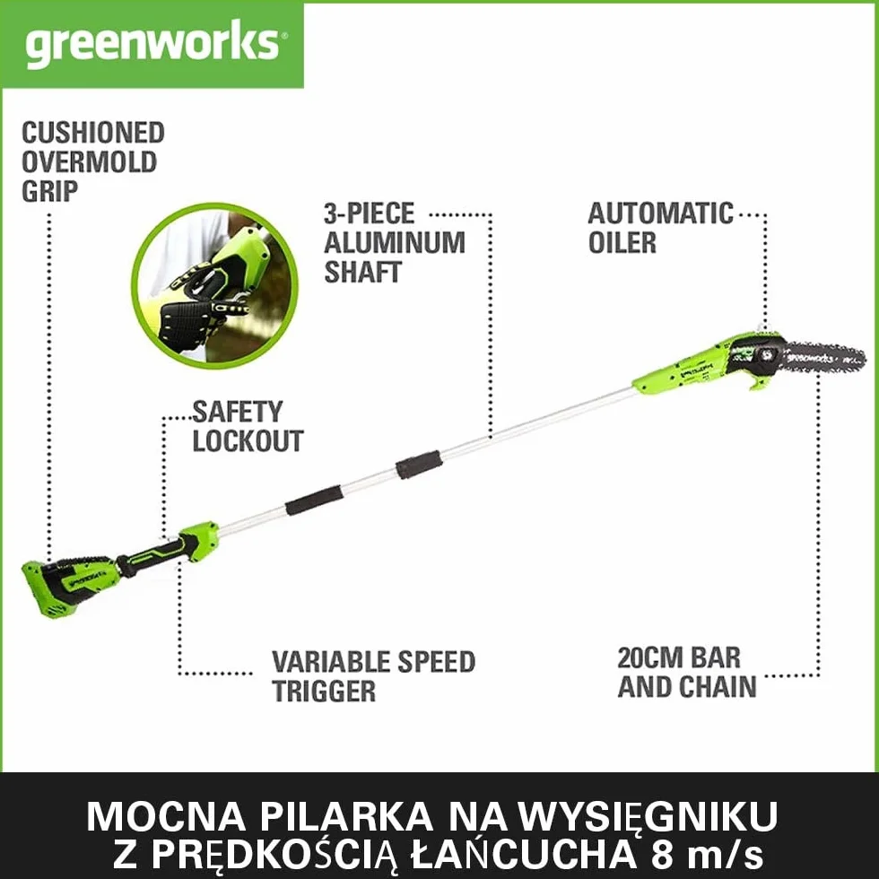 Greenworks G40PSFK2 Akumulatorowa Pilarka na Wysięgniku, Ostrze 20cm Szybkość Cięcia 8m/s 3,64 kg, Automatyczna Olejarka, Zbiornik Oleju 80ml, Zasięg 2.58m, Bateria 40V 2Ah i Ładowarka