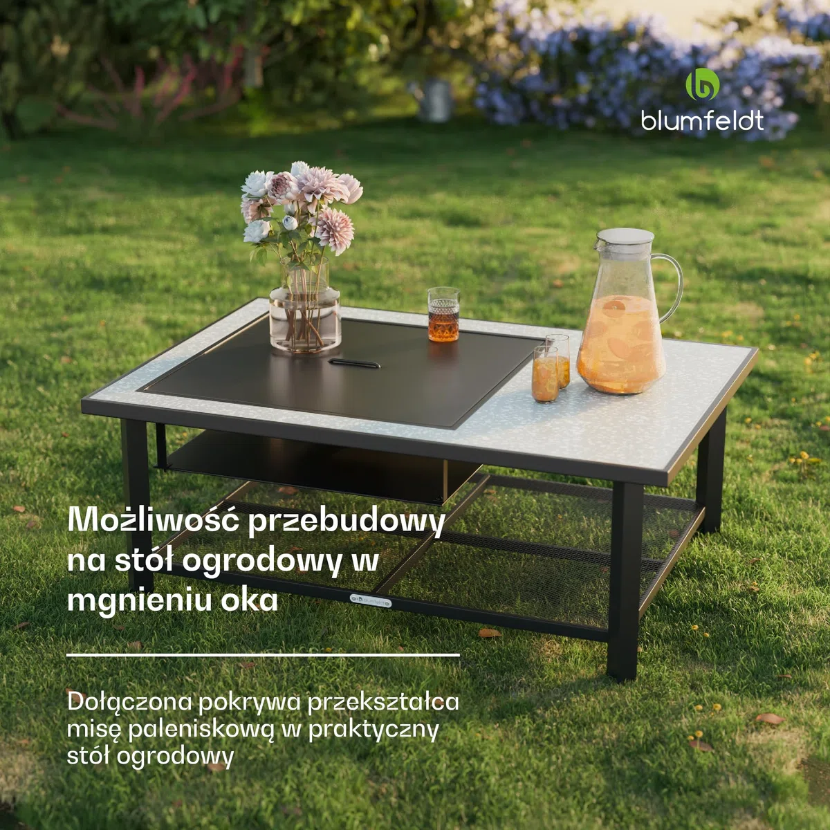 Blumfeldt Merano Avanzato L palenisko 3 w 1 z rusztem do grillowania i stołem, wytrzymała rama stalowa, blat stołu z terrazzo, w zestawie ochrona przed iskrami, pogrzebaczem i pokrywą, do ogrodu i na