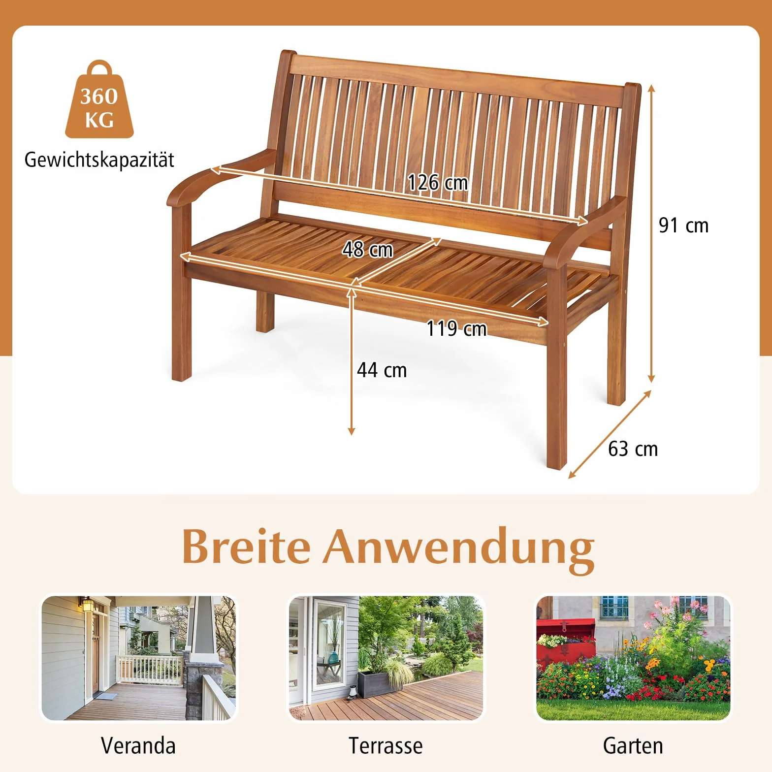 COSTWAY Ławka ogrodowa z drewna, nośność do 320 kg, 2–3-osobowa, masywna ławka drewniana, odporna na warunki atmosferyczne, z eukaliptusa, na taras, balkon, do ogrodu, 126 x 63 x 91 cm