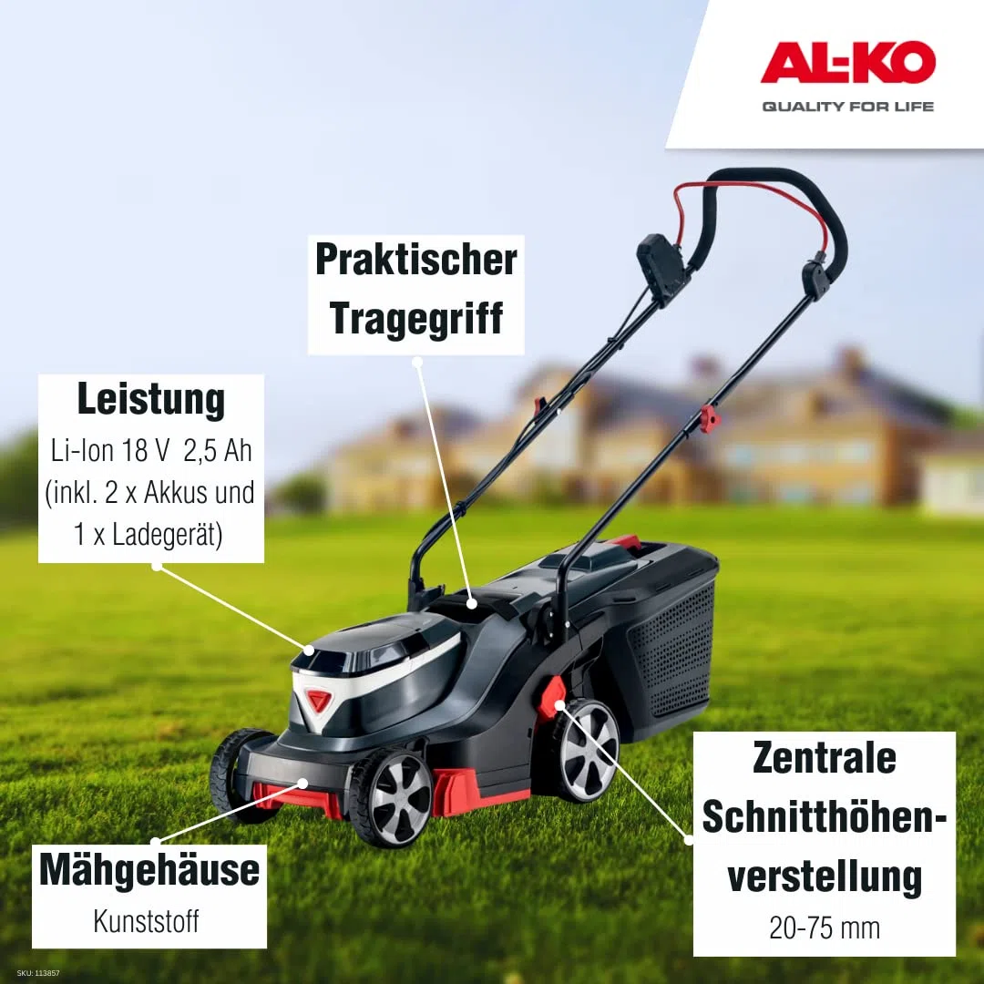 AL-KO Kosiarka akumulatorowa 3.22 Li Easy, szerokość cięcia 32 cm, komora na maks. 2 akumulatory litowo-jonowe 18 V (2 x akumulator i ładowarka w zestawie), do powierzchni do 200 m², centralna