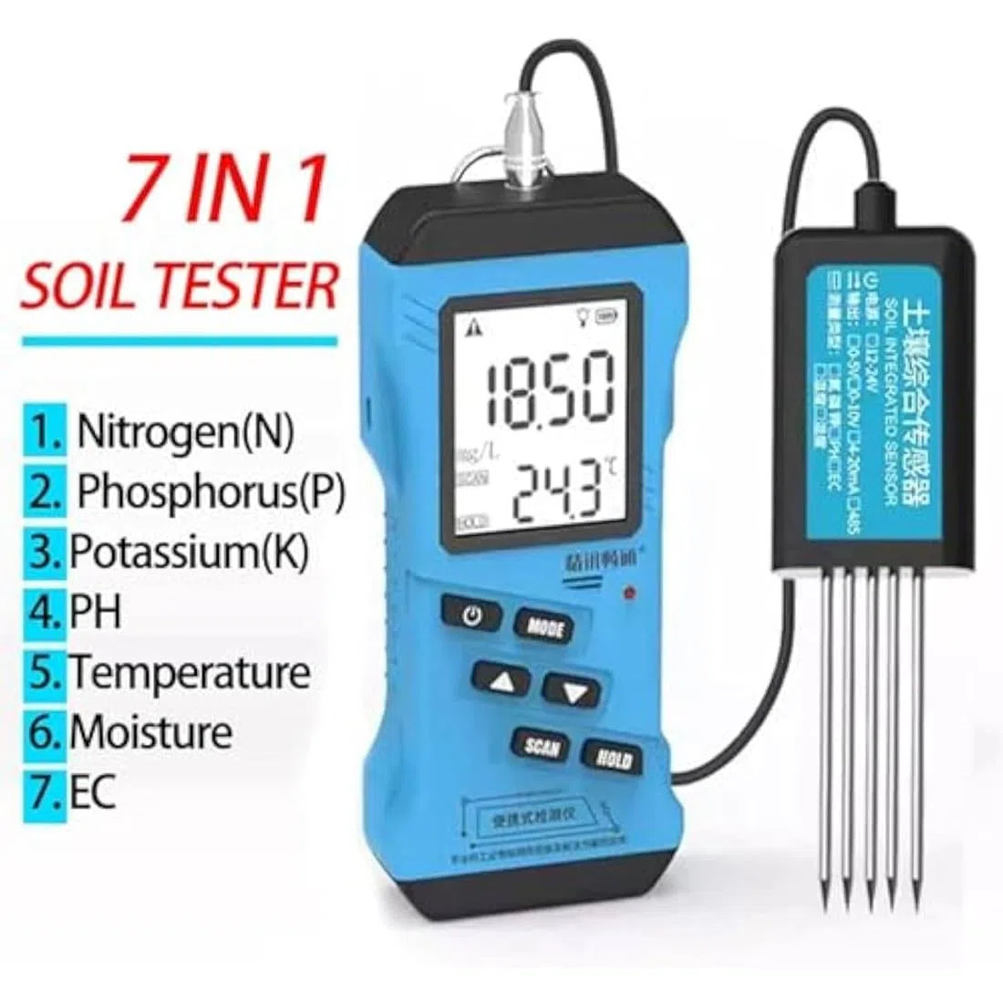 Cyfrowy tester gleby 7 w 1, wysoka dokładność NPK/pH/EC/czujnik wilgotności/temperatury/wilgotności, duży podświetlany wyświetlacz LCD, przemysłowy wytrzymały, bez odczynników do szklarni ogrodowej