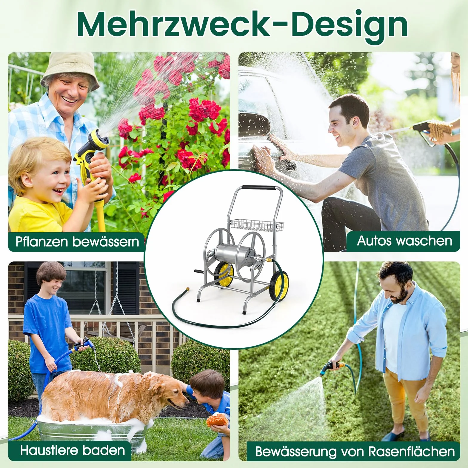 COSTWAY Metalowy wózek na wąż 70 m, na wąż 16 mm, wózek ogrodowy z 2 gumowymi kółkami, koszem i korbą, ruchomy bęben na wąż, dozownik węża do ogrodu, na balkon, 76 x 55 x 92 cm (srebrny)