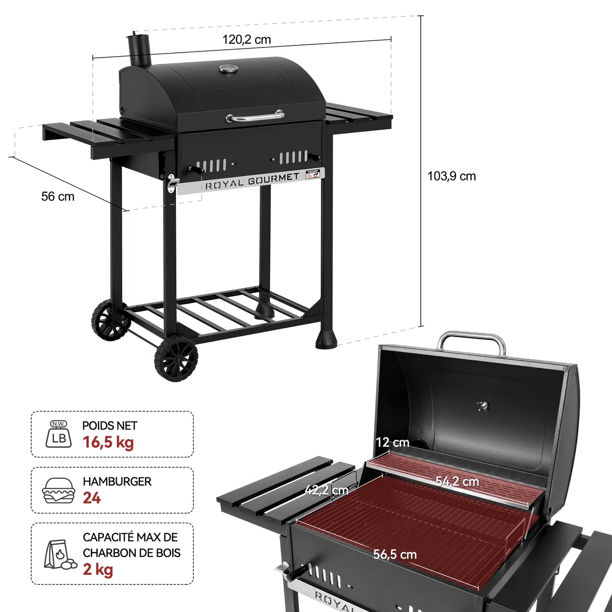 Royal Gourmet Grill na węgiel drzewny, grill węglowy na wózku ze składanymi półkami, pokrywa, termometr, powierzchnia do gotowania 56,5 x 42,2 cm do ogrodu, na kemping, czarny