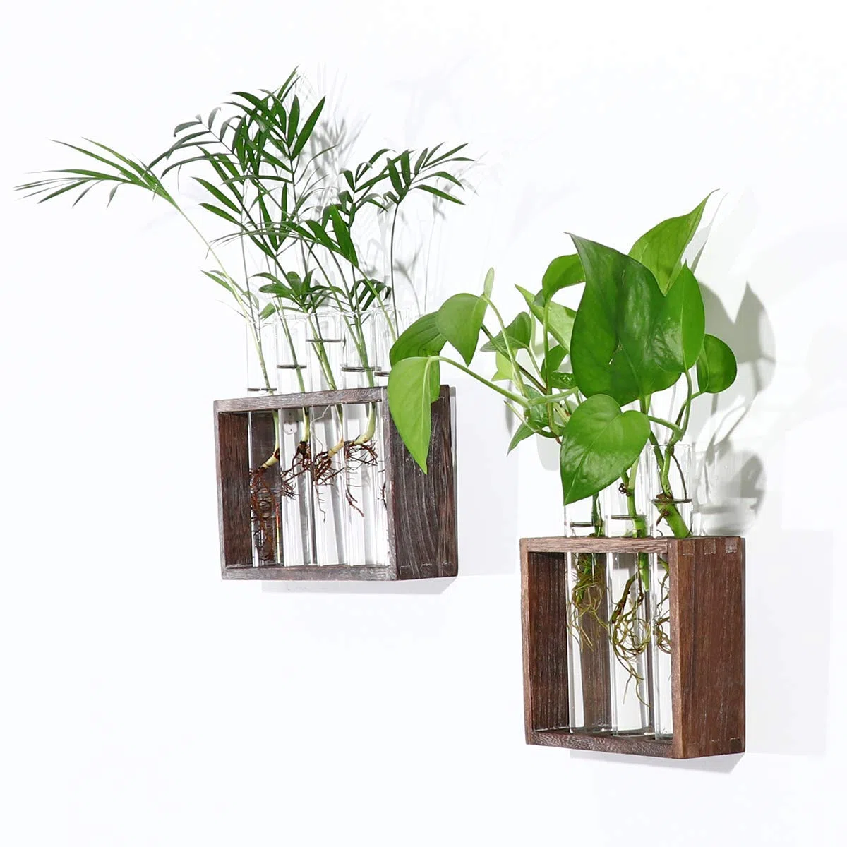 Kingbuy Wisząca szklana stacja do rozmnażania roślin, probówka, wazon, doniczki na kwiaty w stylu vintage, drewniany stojak z 5 akcesoriami do terrarium na parapet, ślub, kuchnia (5 probówek, brązowe drewno)