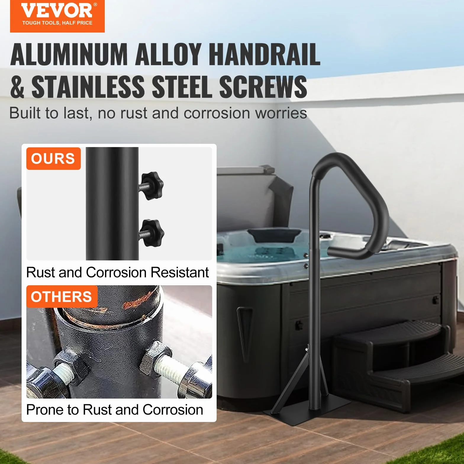 VEVOR Poręcz do wanny z hydromasażem, obrotowa poręcz boczna spa 360 z regulowaną wysokością 89–145 cm, odporna na rdzę aluminiowa szyna do wanny z hydromasażem z podstawą do montażu na zewnątrz i