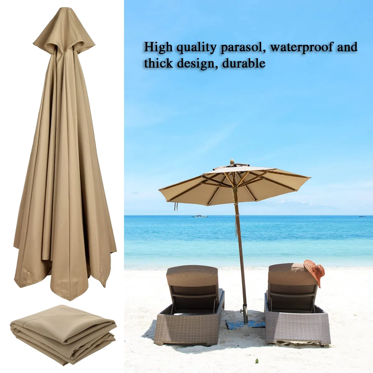 Zewnętrzny parasol tarasowy, zapasowy baldachim - 6 żeber, do ogrodu, na podwórko, plażę, trwały, khaki