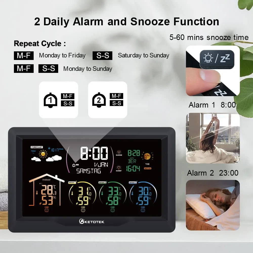 KETOTEK Bezprzewodowa stacja pogodowa z 3 czujnikami zewnętrznymi, cyfrowy termometr VA LCD, higrometr, barometr z DCF, budzik, prognoza pogody, faza księżyca, wschód i zachód słońca