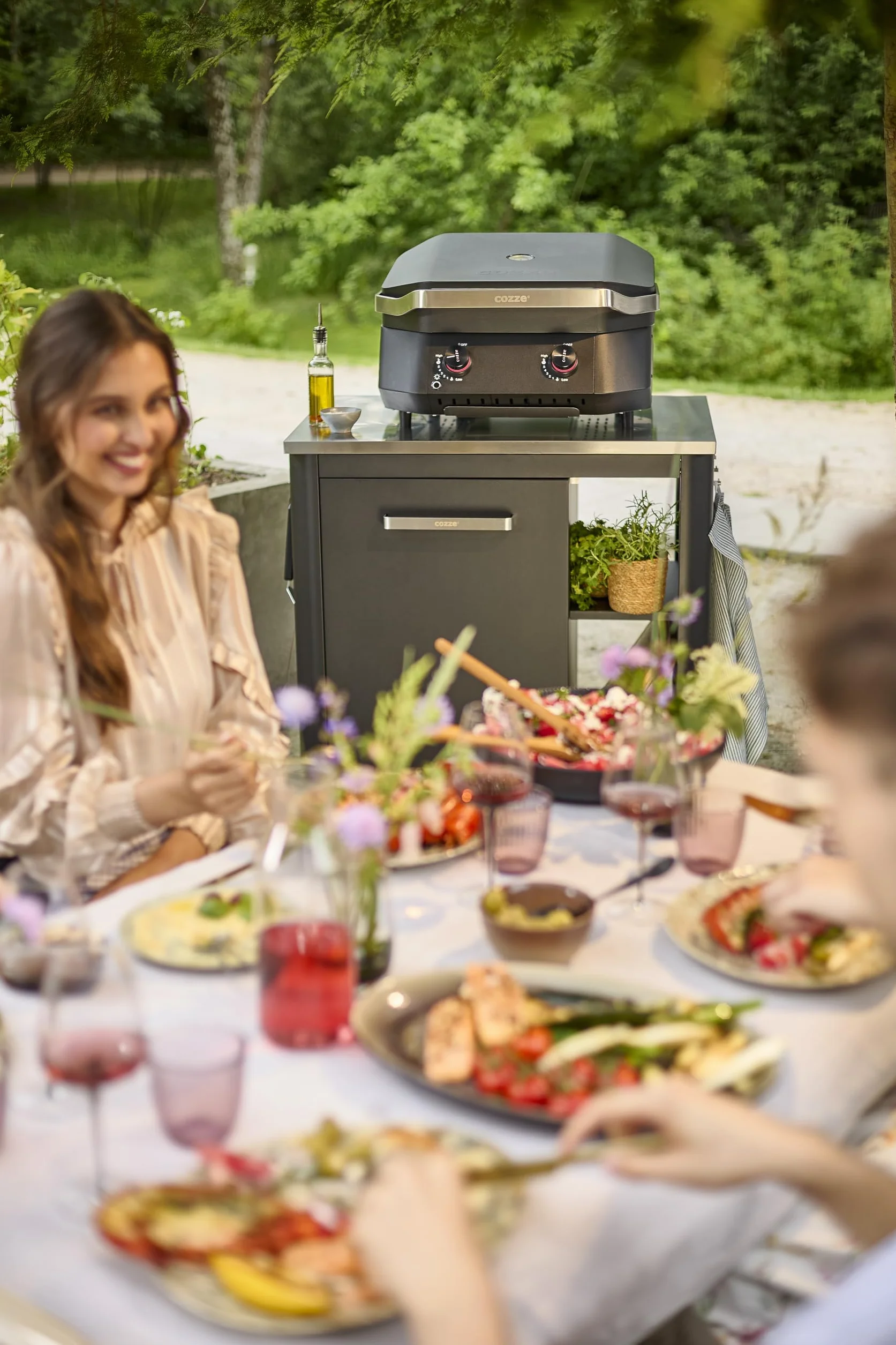 Cozze Kuchnia ogrodowa 90 blat ze stali nierdzewnej modułowy stolik roboczy BBQ szafka uchwyt na butlę gazową haczyki kółka udźwig 100 kg